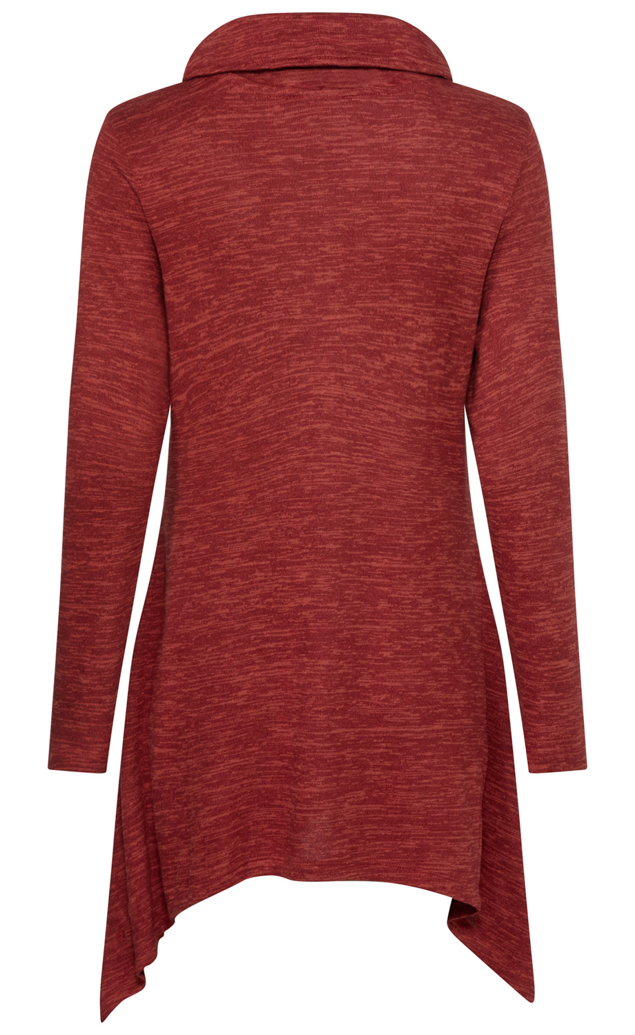 Rotes langärmeliges Damen-Tunika in melierter Optik mit asymmetrischem Saum und breitem Kragen, Rückansicht, weiches, leicht strukturiertes Material, locker fallend