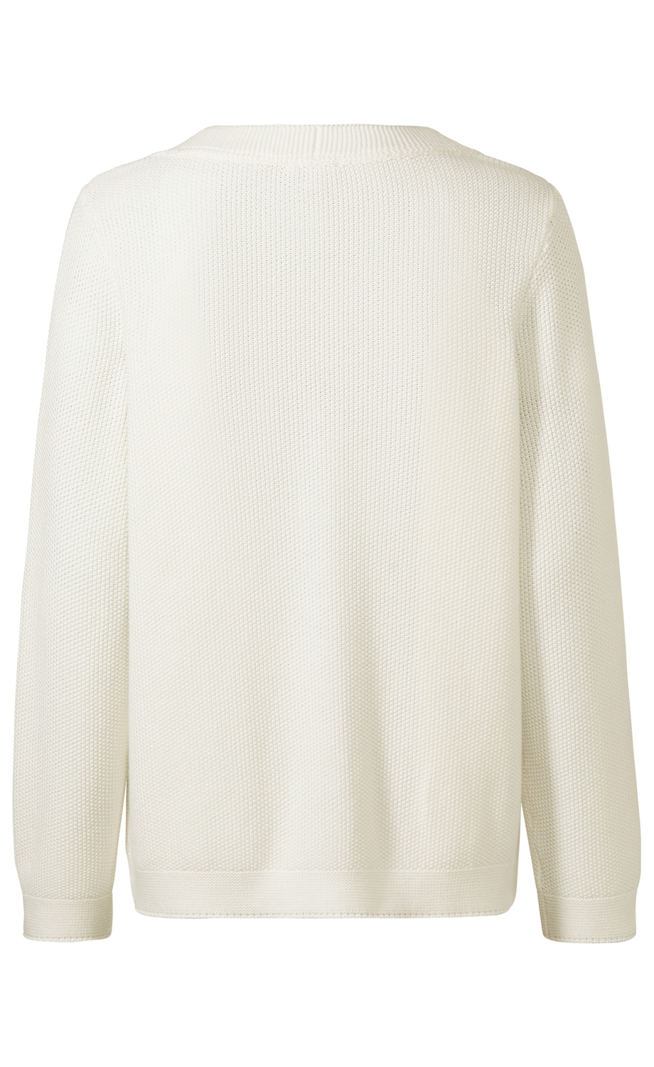 Weiße Baumwoll-Strickjacke, von hinten, mit langen Ärmeln, Strukturstrickmuster, geradem Saum und schlichter Passform, ohne sichtbare Verschlüsse oder Verzierungen, minimalistisches Design