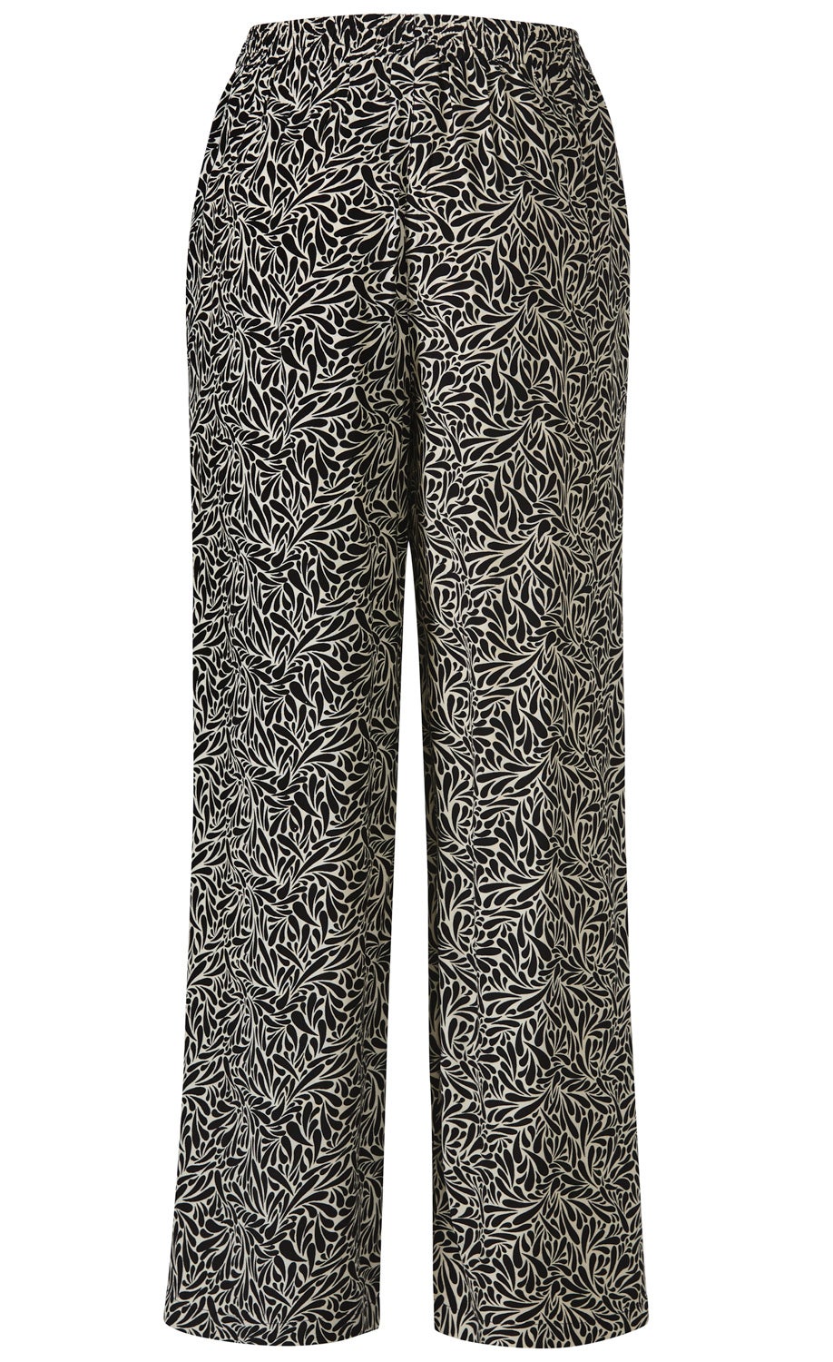 Viskose-Hose mit elastischem Bund, weit geschnitten, in Beige mit schwarzem Blattmuster, leichte, fließende Stoffqualität, elegante und bequeme Damenhose für Freizeit und Büro.