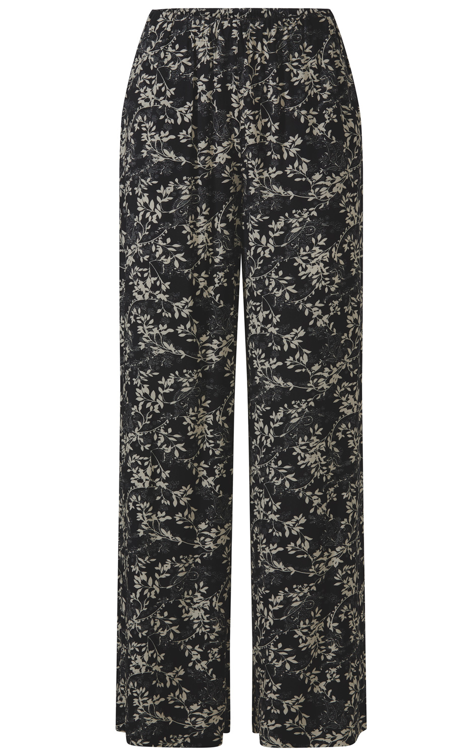 Schwarze Viskose-Hose mit weitem Bein und elastischem Bund, beiges florales Muster mit Blättern und Ranken, leichter, fließender Stoff.