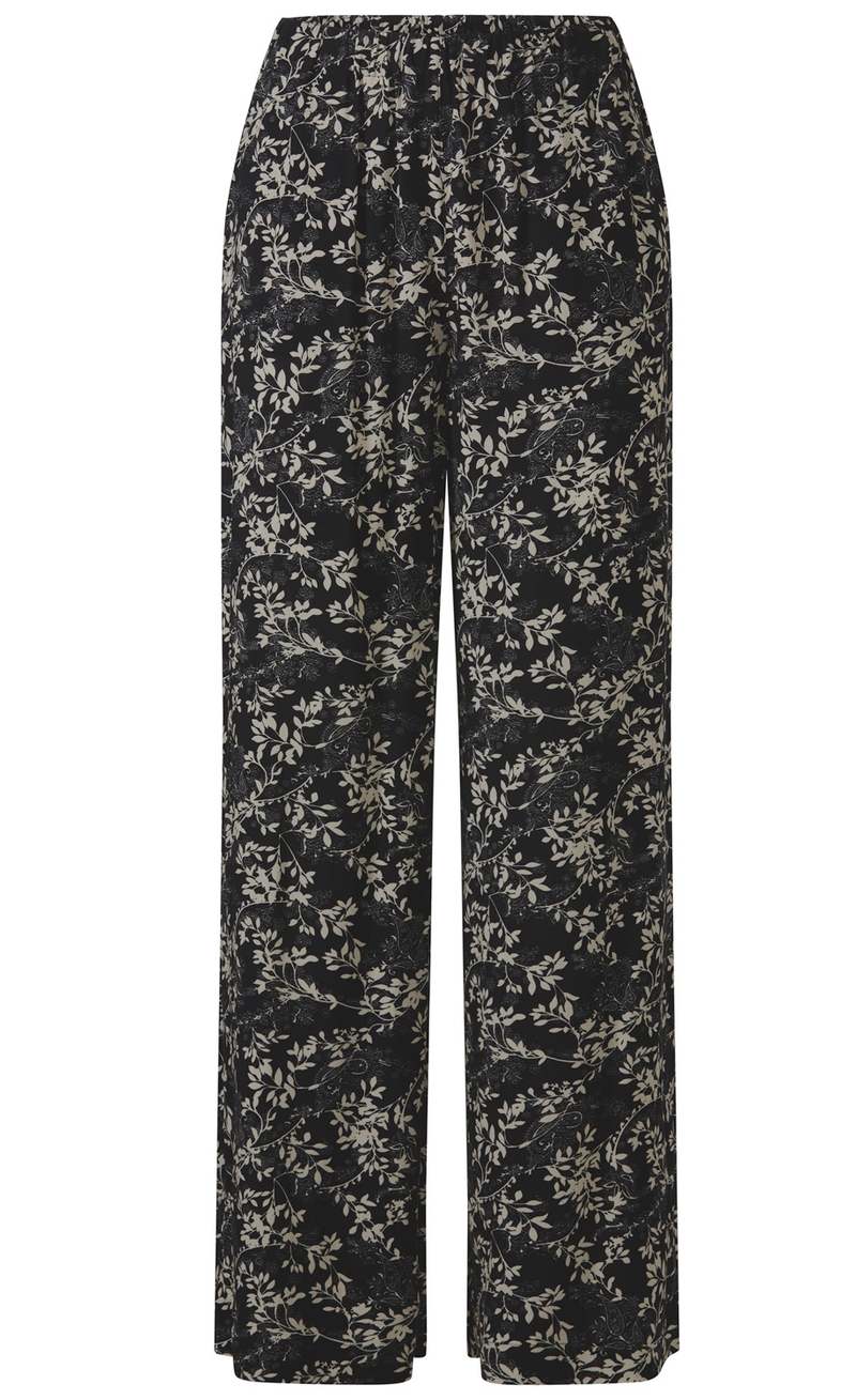 Schwarze Viskose-Hose mit weitem Bein und elastischem Bund, beiges florales Muster mit Blättern und Ranken, leichter, fließender Stoff.