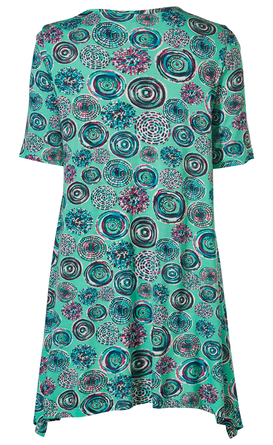 Viskose-Mix-Shirt in Türkis mit kurzärmligem, lockerem Schnitt, Rückansicht, buntes Muster aus Kreisen und Punkten in Blau, Weiß, Schwarz, Pink, asymmetrischer Saum