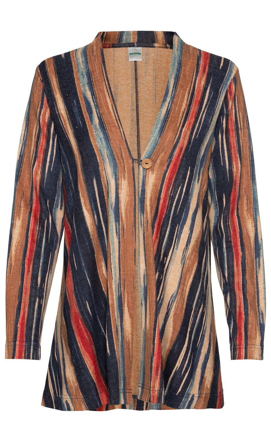 Viskose-Mix-Jacke mit langem Arm, V-Ausschnitt, einem Knopfverschluss, braun-blau-rot-beiger Streifenmuster, locker geschnitten, leicht längere Passform