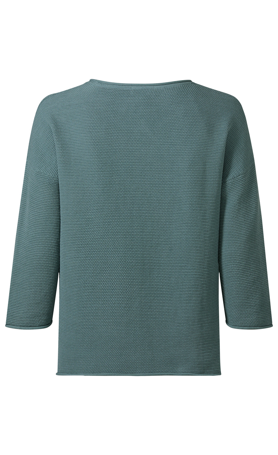Baumwoll-Pullover in gedämpftem Grün, Rückansicht, feine strukturierte Maschenoptik, rundhalsausschnitt, dreiviertellange Ärmel, gerade geschnitten, schlichtes Design, mittlere Länge