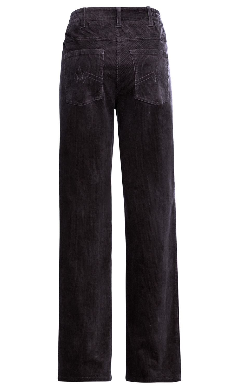 Baumwoll-Hose aus dunkelgrauem Cordstoff, gerade geschnitten, mit Gürtelschlaufen und zwei aufgesetzten Taschen auf der Rückseite, detailierter Ziernaht auf den Taschen, Vorderansicht ohne sichtbare Verschlüsse.