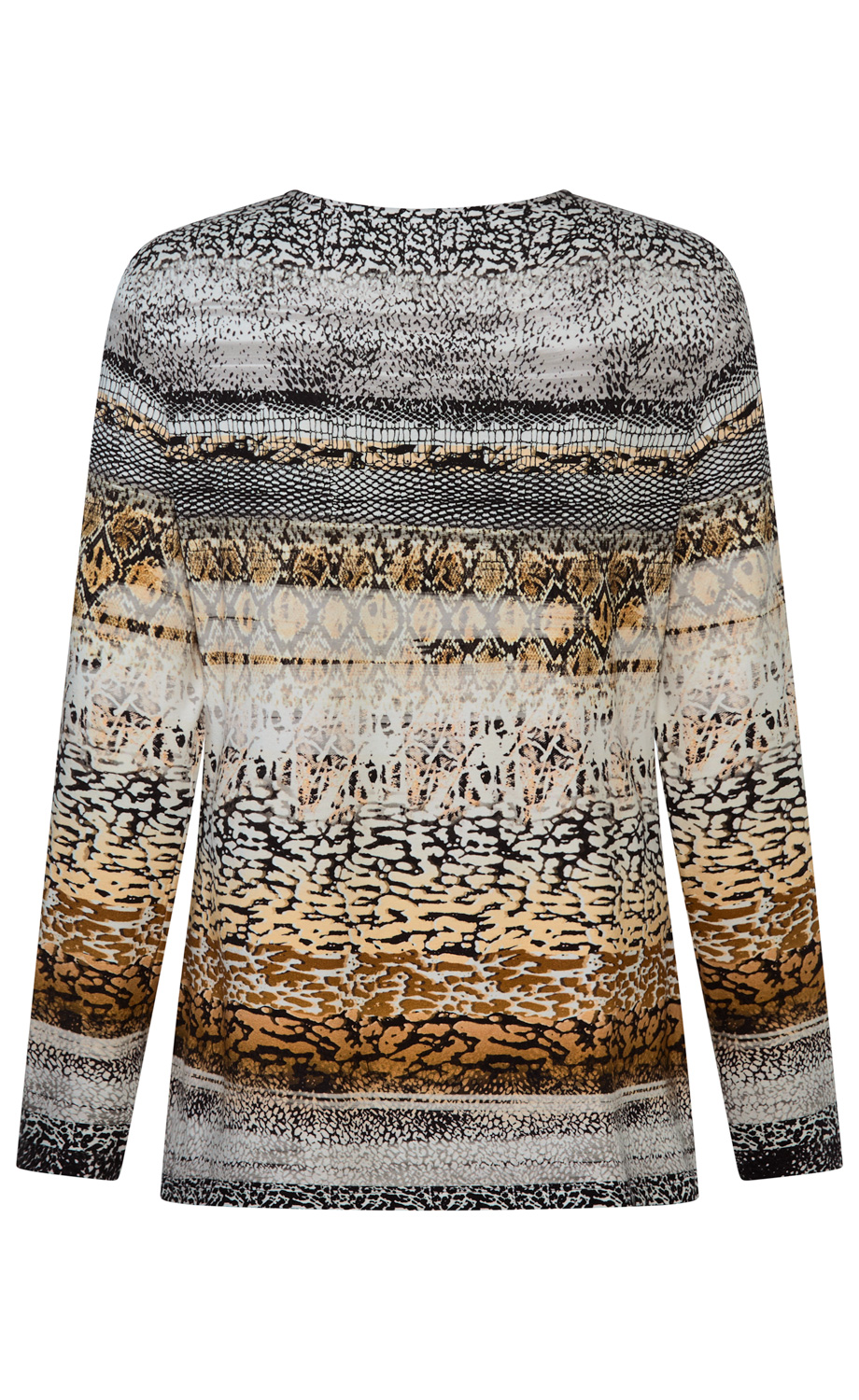 Langärmliges Damenoberteil mit rundem Ausschnitt, Animal-Print-Muster in Schwarz, Weiß, Braun und Beige, gemischte Struktur mit Schlangen- und Leopardenmotiven in horizontalen Streifen, Rückansicht
