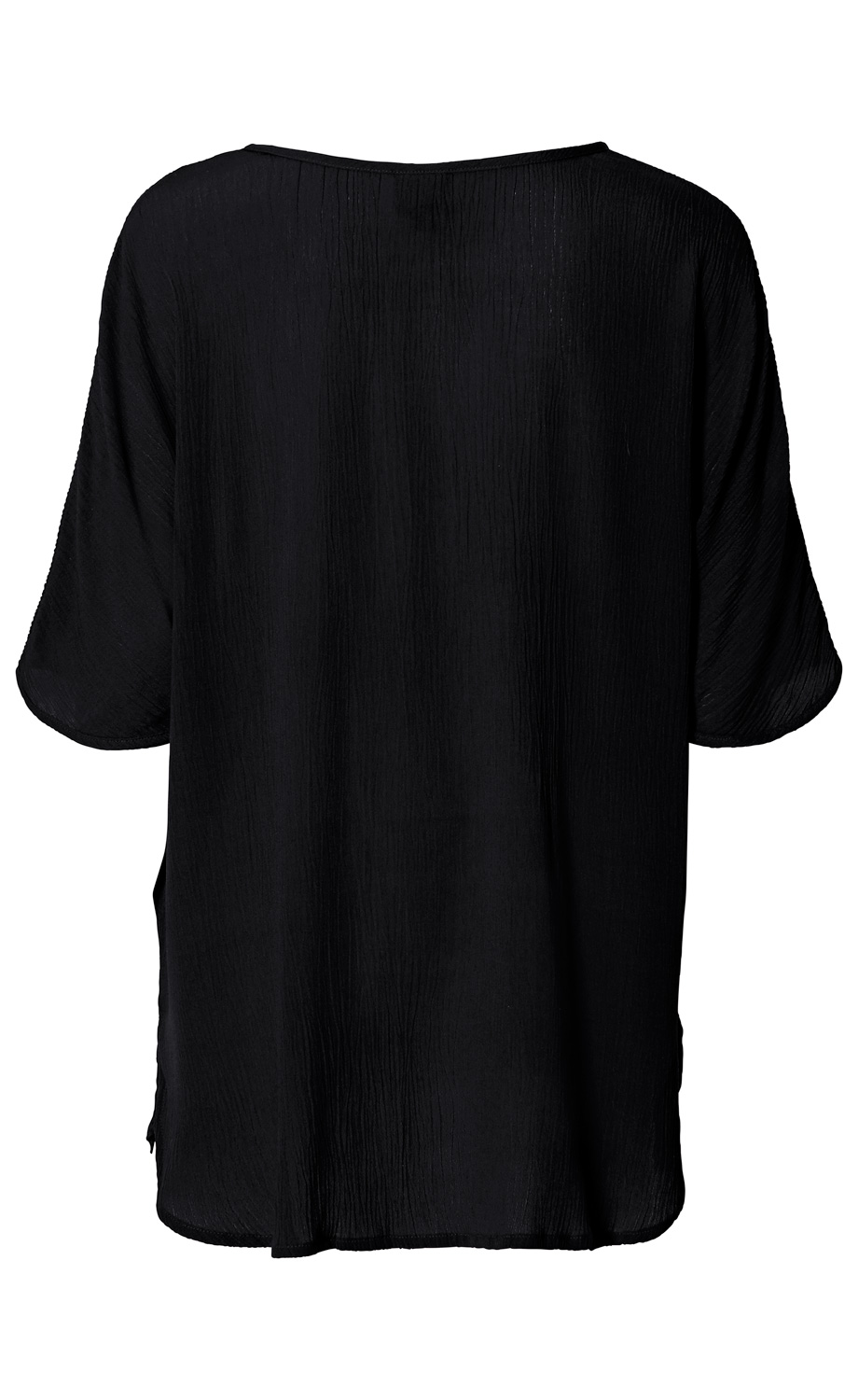 schwarze, locker geschnittene Viskose-Bluse mit kurzen Ärmeln, strukturierter Stoff, Rückenansicht, weiter Rundhalsausschnitt, leichte Transparenz, glatter Saumabschluss