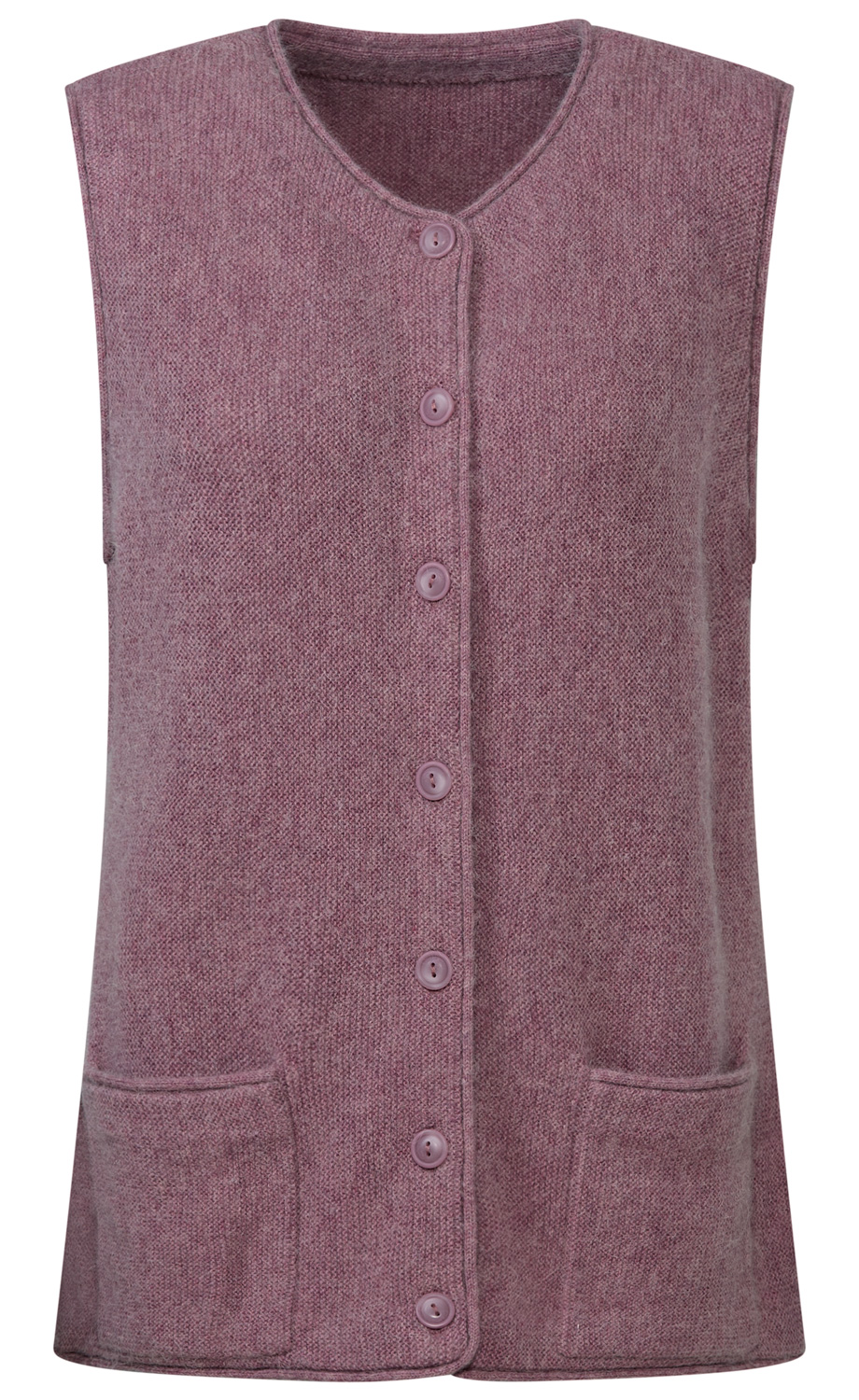 Ärmellose, violette Strickweste mit Rundhalsausschnitt, durchgehender Knopfleiste vorne und zwei aufgesetzten Taschen auf Hüfthöhe, schlichtes Design, weiche Textur.