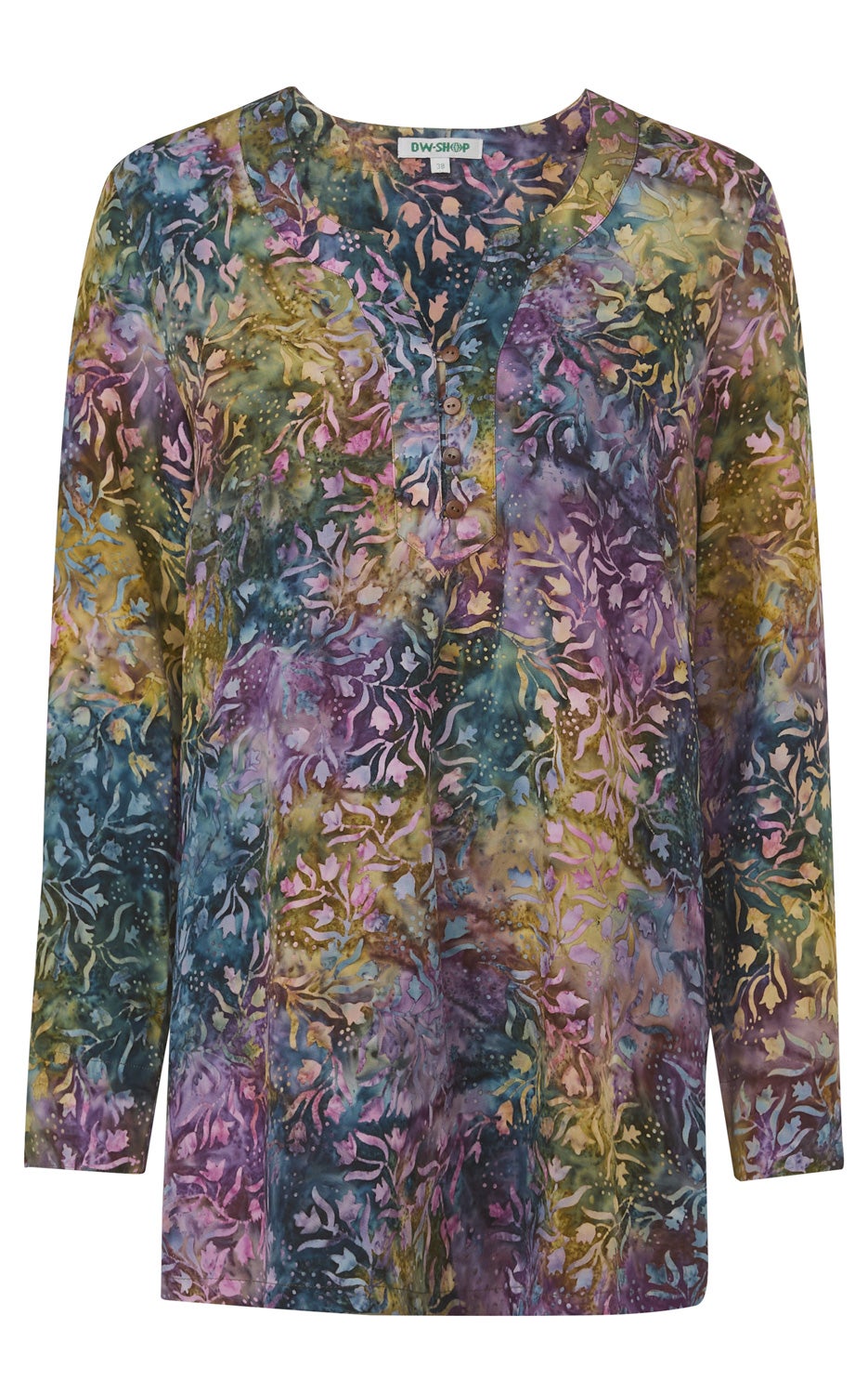 Viskose-Tunika mit langem Arm, bunter Batik-Blumenmuster in Lila, Grün, Blau und Gelb, Rundhalsausschnitt mit Knopfleiste und vier braunen Knöpfen, locker geschnitten