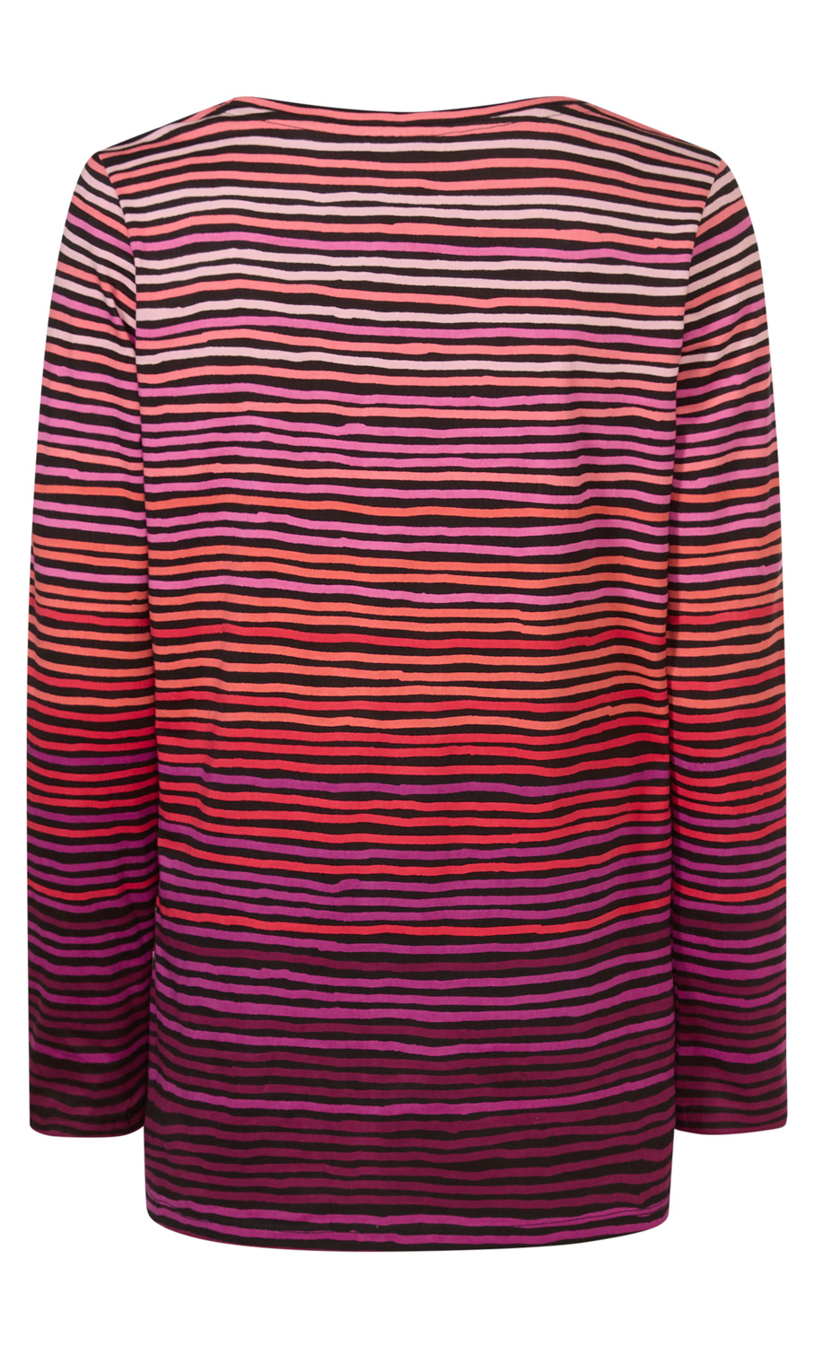 Baumwoll-Shirt mit langen Ärmeln, Rückansicht, eng anliegendes Modell, horizontale Streifen in Schwarz, Rosa, Rot und Lila, weiche und leichte Stoffstruktur, abgerundeter Saum