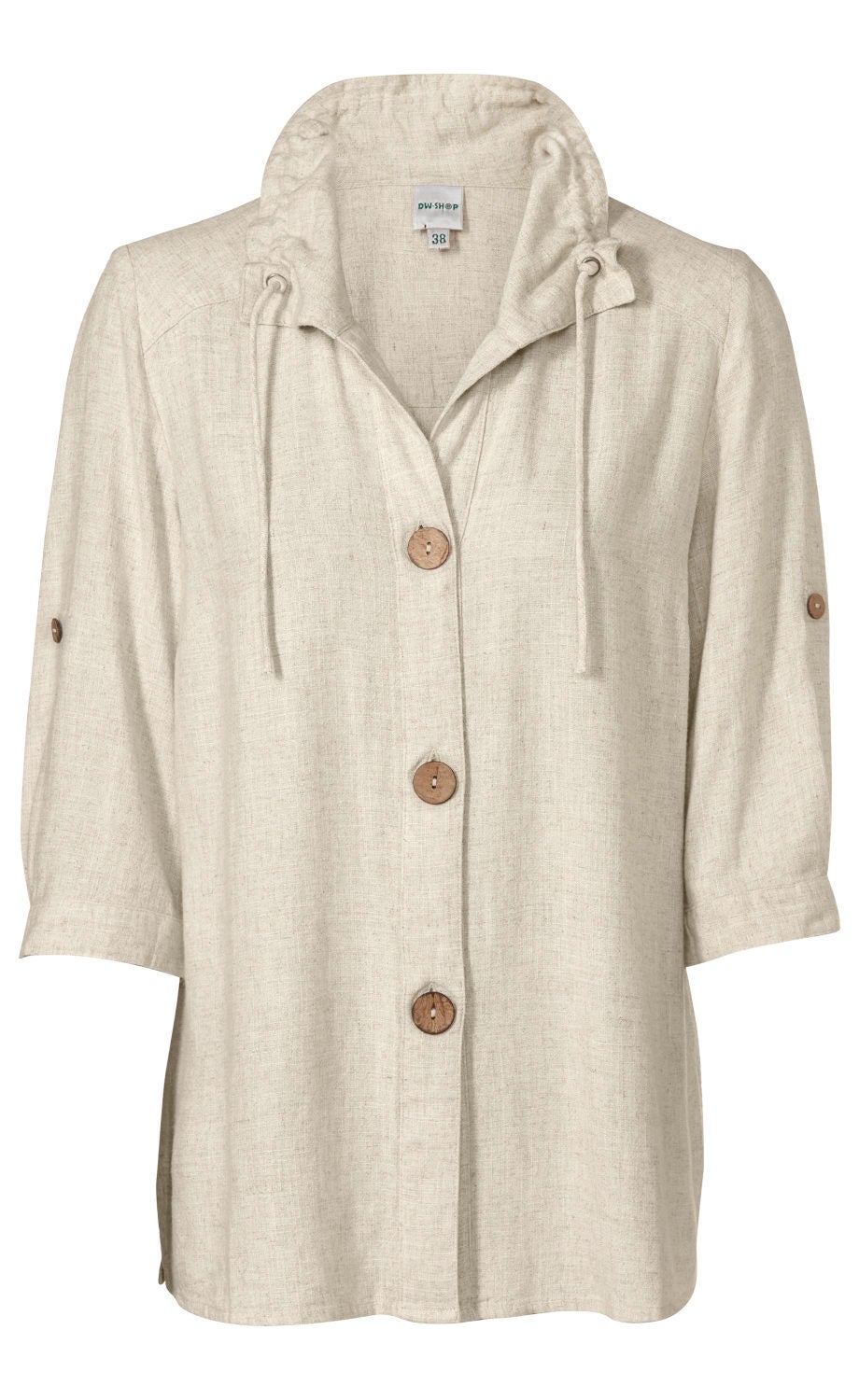 Beige Viskose-Mix-Bluse mit halblangen Ärmeln, braunen Holzknöpfen, Kordelzug am Kragen und kleiner Knopfleiste an den Ärmeln, Größe 38, strukturierter Stoff, lässiger Schnitt