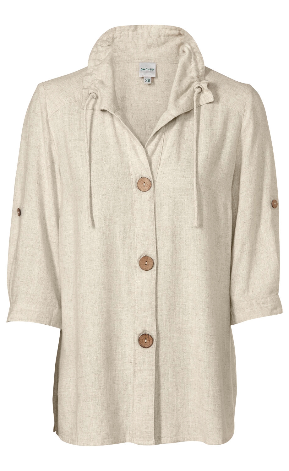 Beige Viskose-Mix-Bluse mit halblangen Ärmeln, braunen Holzknöpfen, Kordelzug am Kragen und kleiner Knopfleiste an den Ärmeln, Größe 38, strukturierter Stoff, lässiger Schnitt