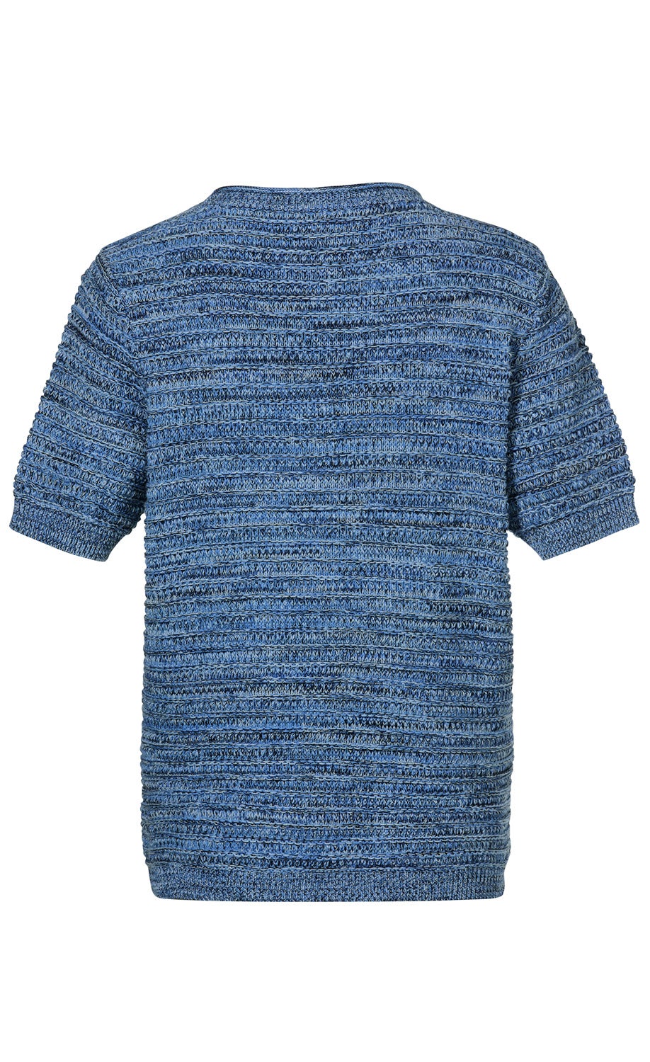 blauer kurzärmeliger Baumwoll-Pullover mit geripptem, horizontalem Strukturmuster, Rundhalsausschnitt, Rückansicht