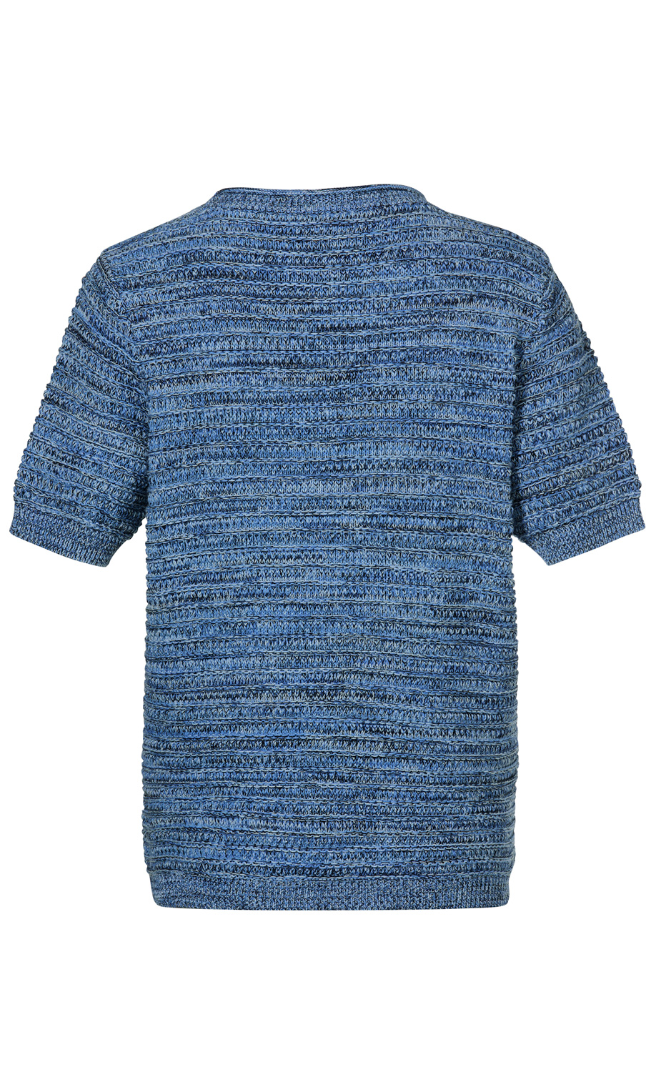blauer kurzärmeliger Baumwoll-Pullover mit geripptem, horizontalem Strukturmuster, Rundhalsausschnitt, Rückansicht
