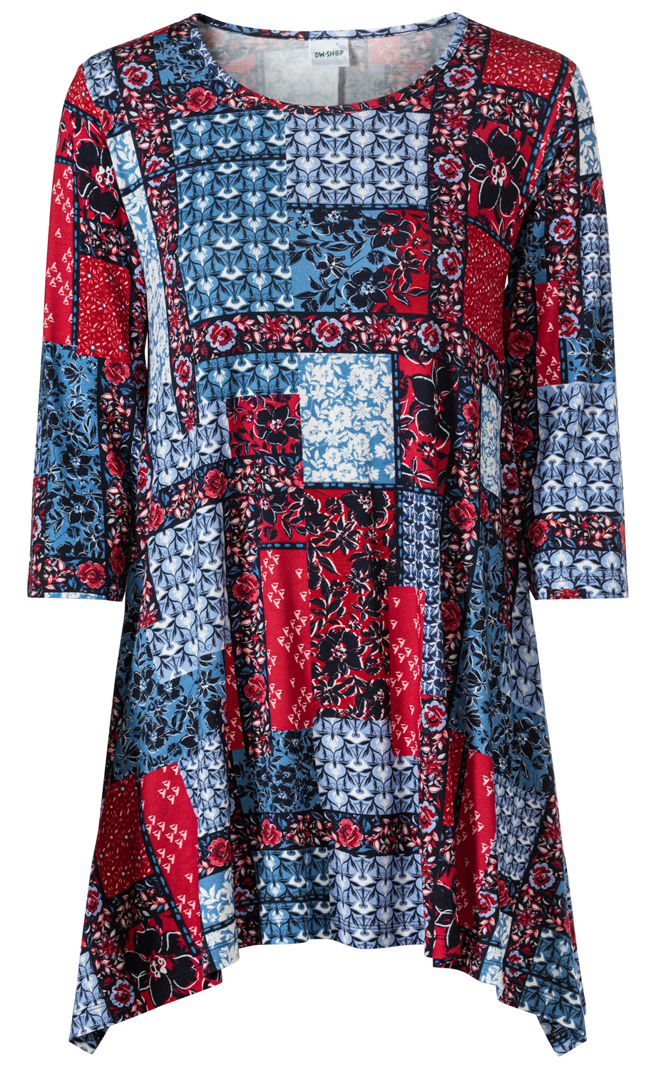 Viskose-Shirt mit 3/4-Ärmeln, Rundhalsausschnitt und asymmetrischem Saum, Patchwork-Muster aus roten, blauen und weißen floralen und geometrischen Motiven