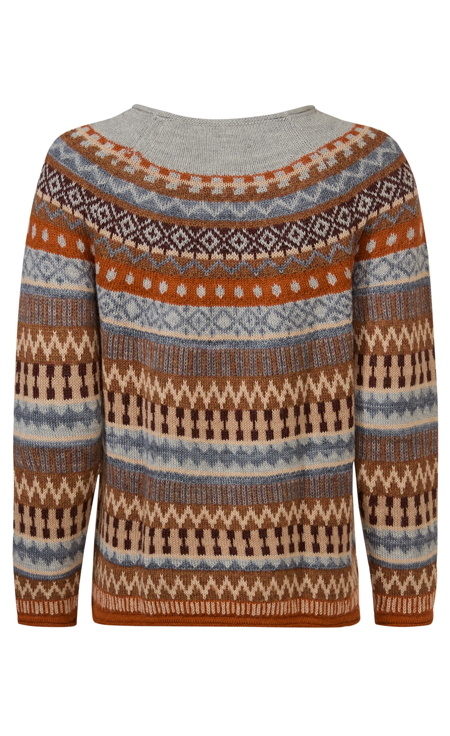 Alpaka-Pullover mit Rundhalsausschnitt, gemustert in Erdtönen, Blau und Rostrot, mit traditionellen Fair-Isle-Designs, langärmlig, weich und warm, Rückansicht