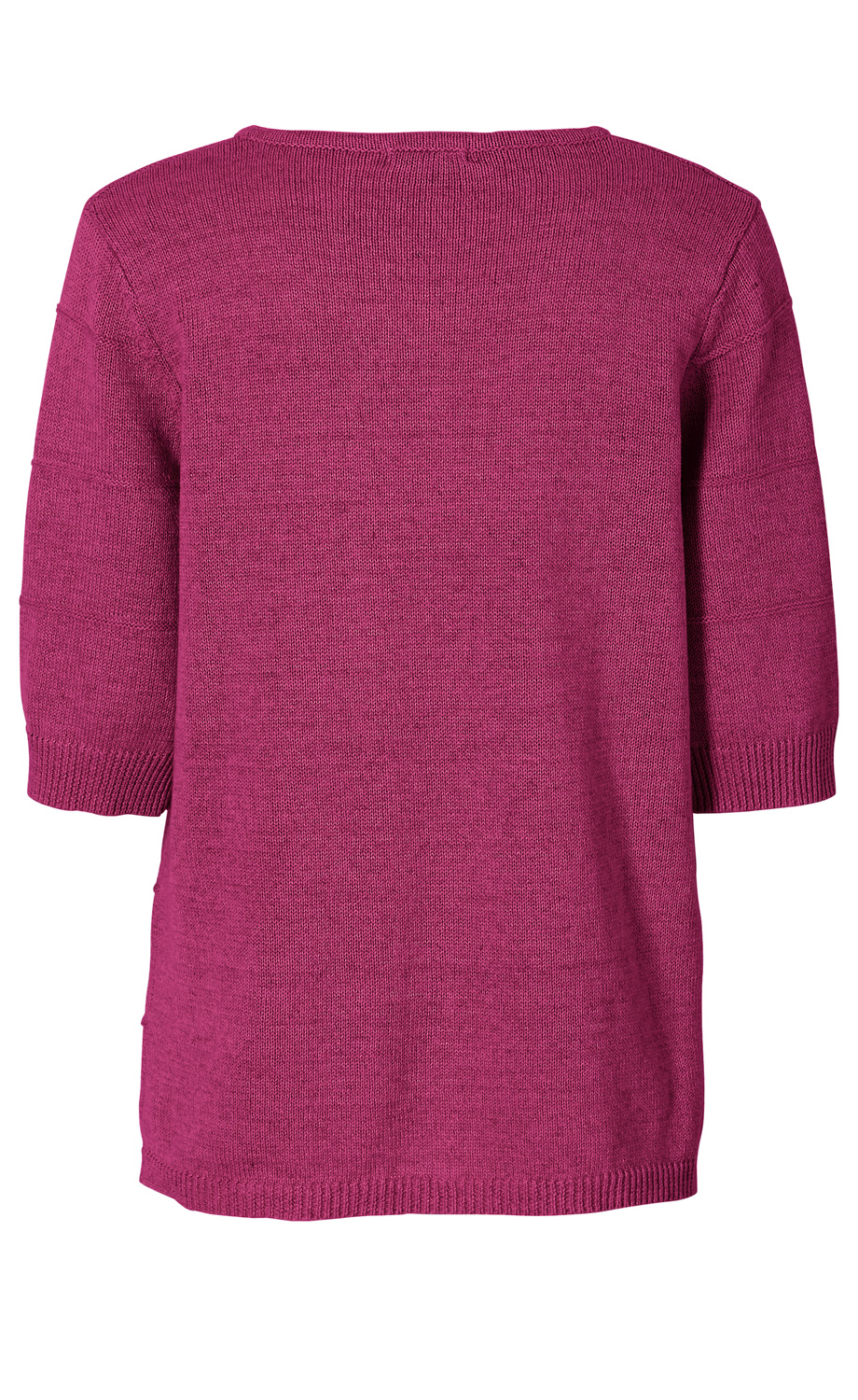 Leinen-Mix-Pullover in kräftigem Pink, kurze Ärmel, gerader Schnitt, feine Strickstruktur, Rundhalsausschnitt, Rückansicht