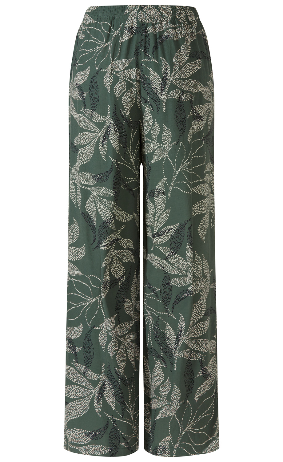 Dunkelgrüne Viskose-Hose mit weitem Bein und elastischem Bund, bedruckt mit cremefarbenen und schwarzen Blattmustern.
