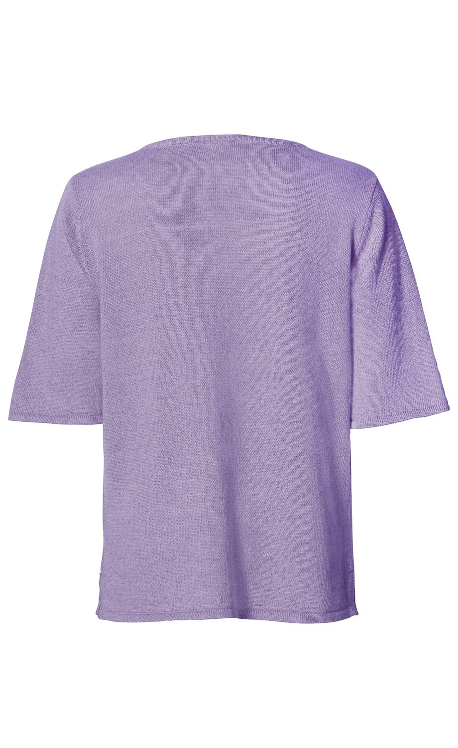 Leinen-Mix-Pullover in Flieder, kurzärmelig, gerader Schnitt, Rückansicht, feiner Strick mit Rundhalsausschnitt, locker fallend, leichte Struktur sichtbar, Saum mit kleinem Schlitz, schlicht und unifarben.