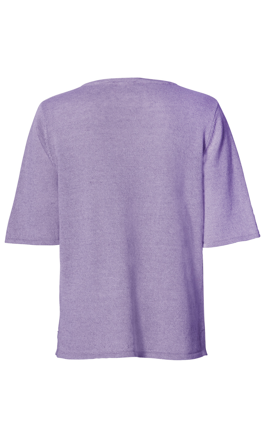 Leinen-Mix-Pullover in Flieder, kurzärmelig, gerader Schnitt, Rückansicht, feiner Strick mit Rundhalsausschnitt, locker fallend, leichte Struktur sichtbar, Saum mit kleinem Schlitz, schlicht und unifarben.