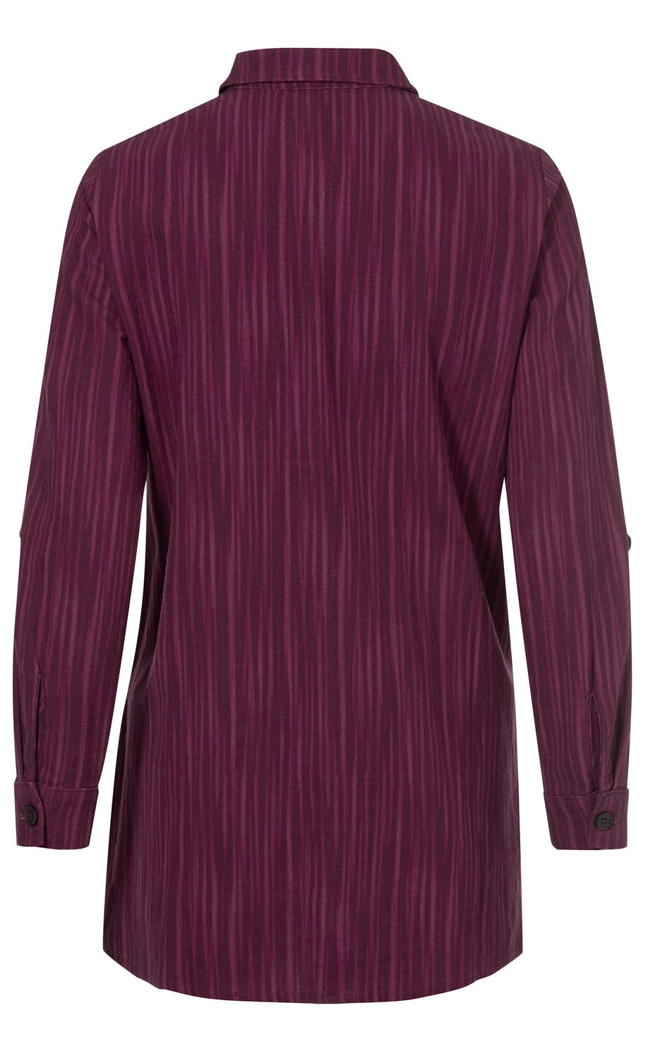 Baumwoll-Bluse in Dunkelrot mit dezentem Streifenmuster, lange Ärmel mit Manschetten und Knöpfen, Rückansicht, klassischer Hemdkragen, leicht taillierte Passform
