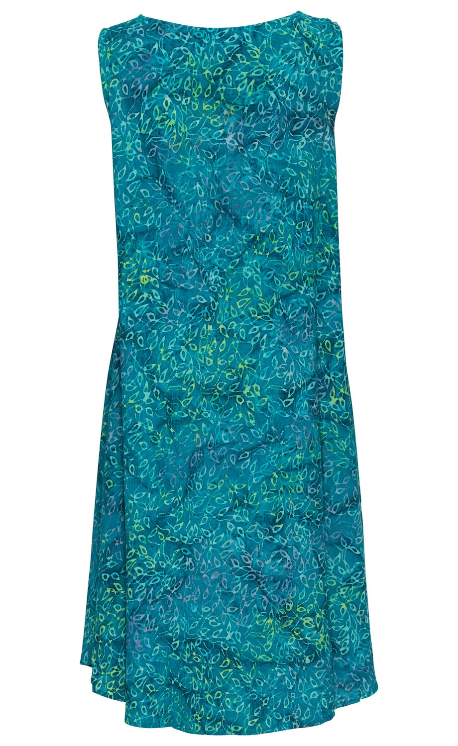 Ärmelloses Viskose-Kleid in Blau mit grünem und türkisfarbenem abstraktem Muster, leicht ausgestellt, knielang, Rückansicht, weicher fließender Stoff