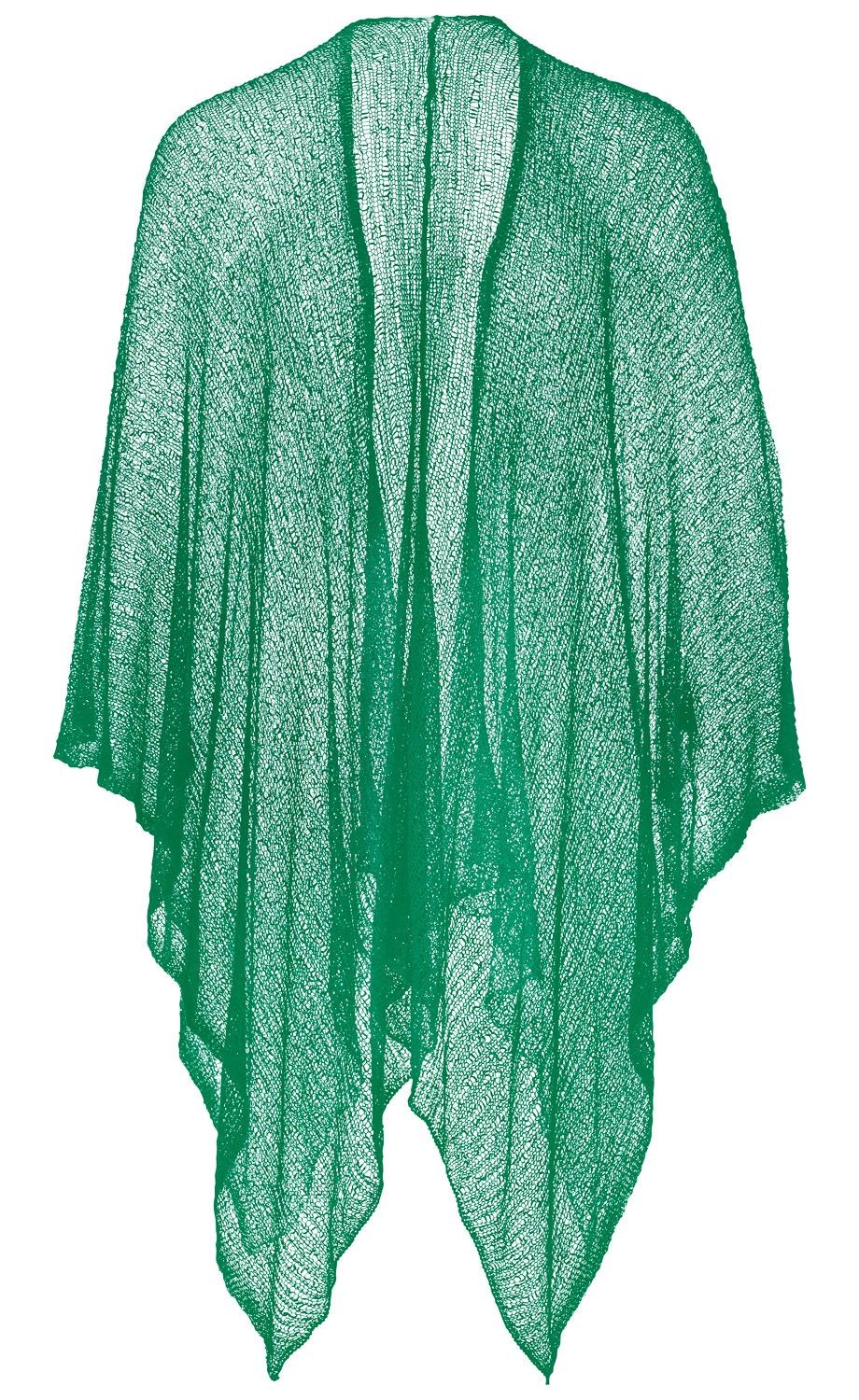 grün transparente Viskose-Stola mit lockerem, grobmaschigem Strick, asymmetrischem Saum und weiten Ärmeln, rechteckige Form, hinten freihängend