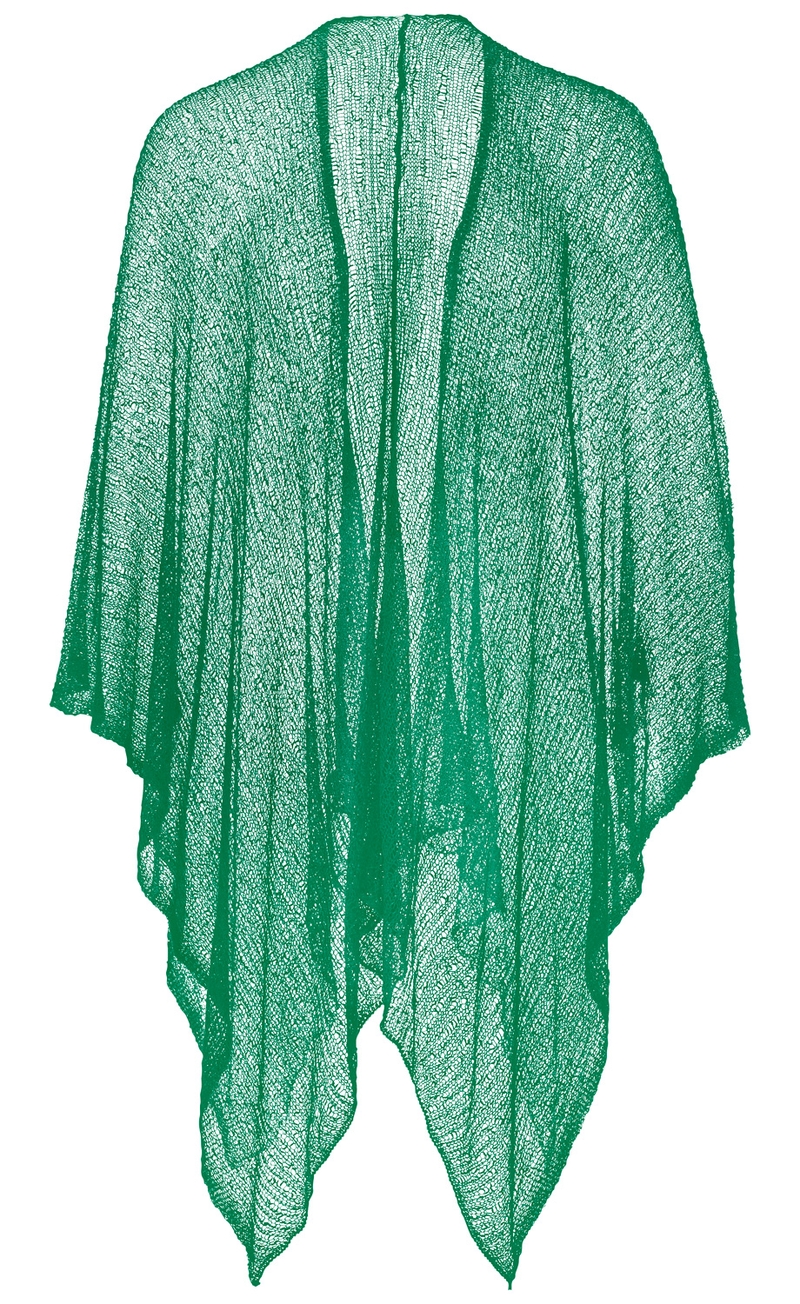 grün transparente Viskose-Stola mit lockerem, grobmaschigem Strick, asymmetrischem Saum und weiten Ärmeln, rechteckige Form, hinten freihängend