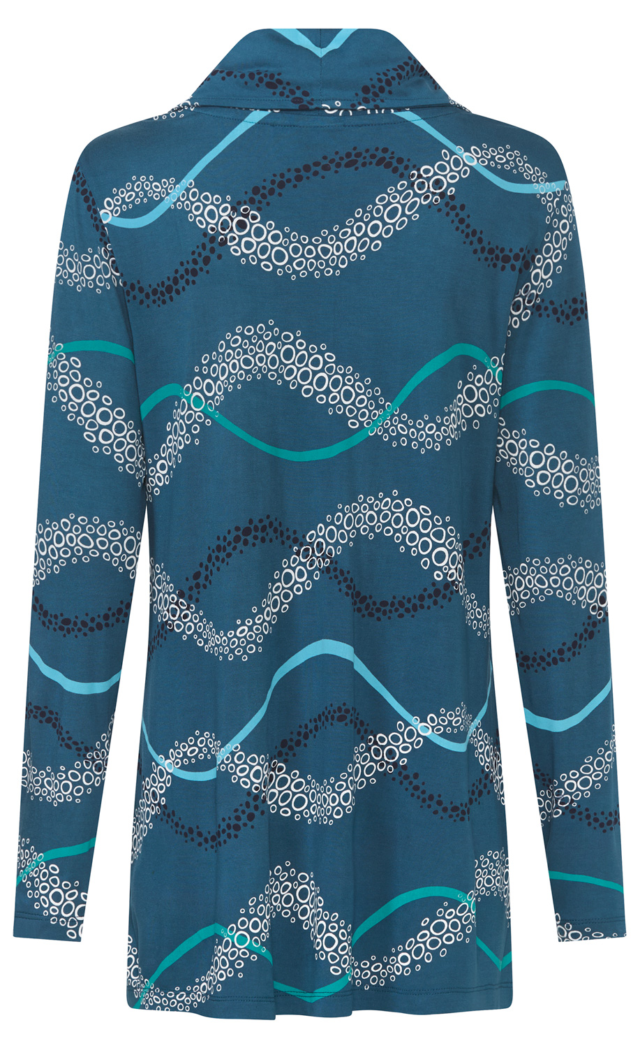 Langarmshirt in Blau mit Rollkragen, bedruckt mit wellenförmigen Mustern in Weiß, Schwarz, Hellblau und Türkis, Rückansicht