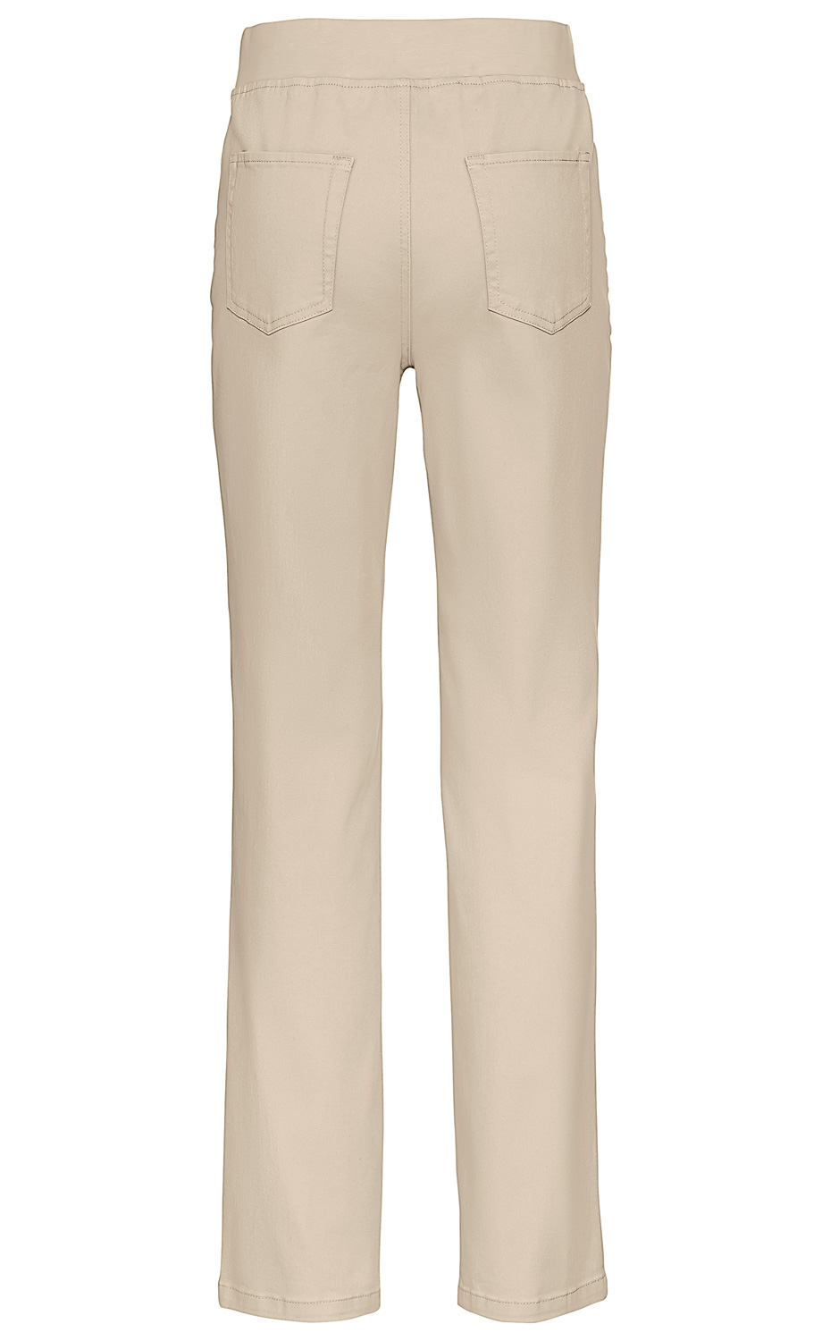 Baumwoll-Mix-Hose in Beige, Rückansicht, elastischer Bund ohne Verschluss, zwei aufgesetzte Gesäßtaschen, gerade geschnittener Beinverlauf, schlichtes Design ohne Muster oder zusätzliche Verzierungen