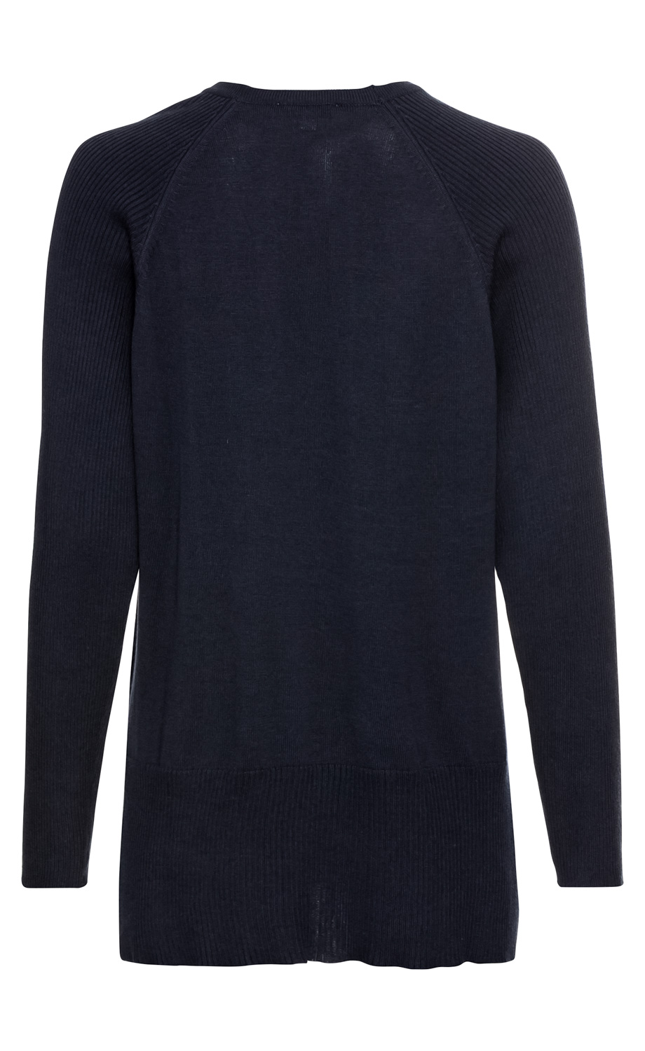 Rückansicht eines dunkelblauen Baumwoll-Mix-Pullovers mit langen Ärmeln, Rundhalsausschnitt, gerippten Ärmelabschlüssen und Saum, schlichter pullover ohne Muster oder Verzierungen
