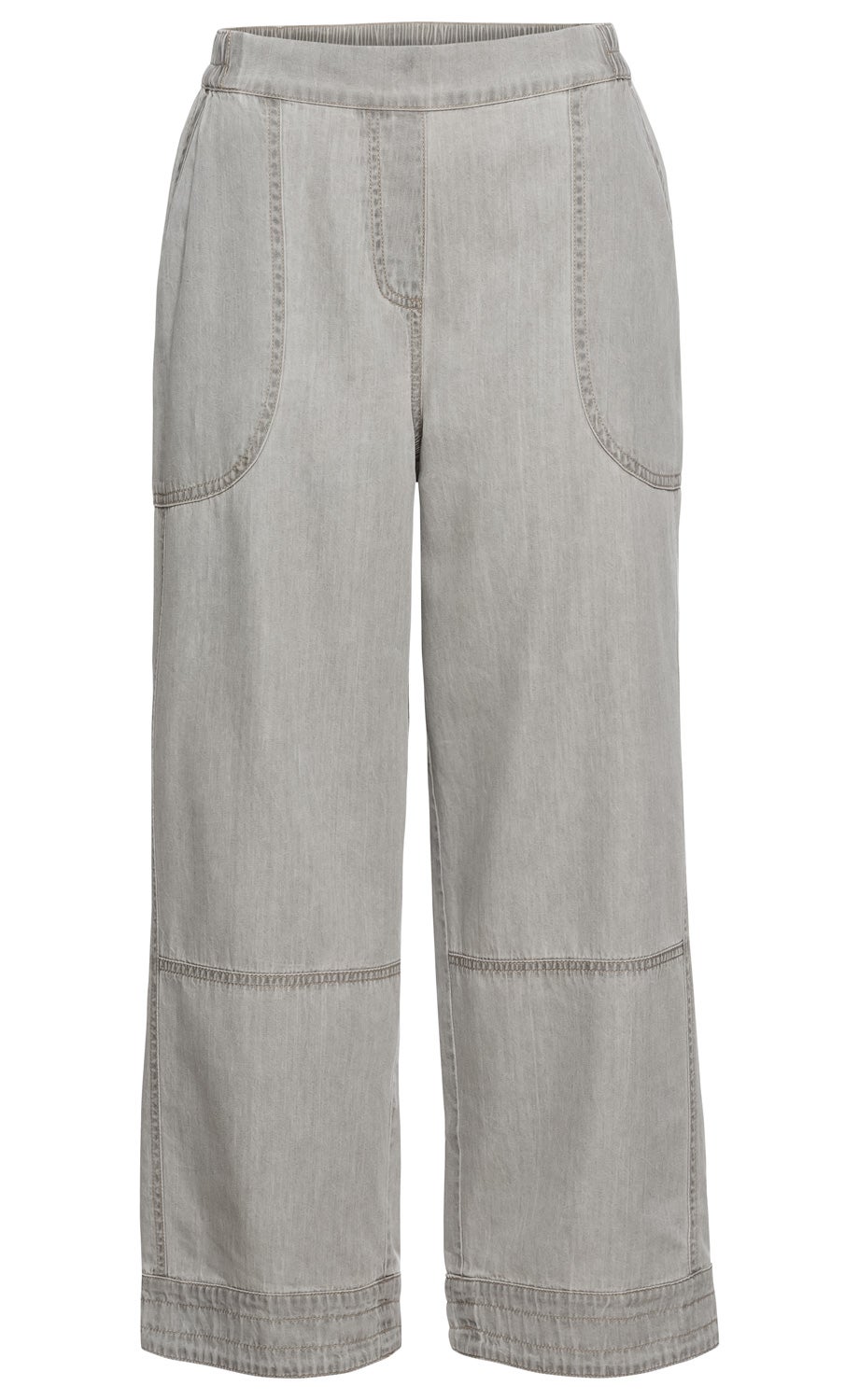 Helle Baumwoll-Hose mit weitem Bein, elastischem Bund, aufgesetzten Seitentaschen und dekorativen Nähten an Kniehöhe und Saum, gerader Schnitt, casual Stil