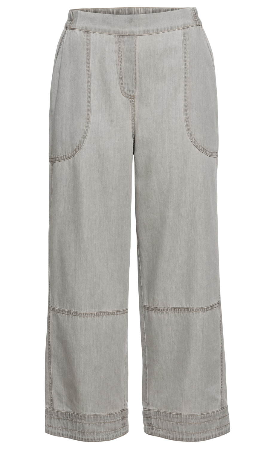 Helle Baumwoll-Hose mit weitem Bein, elastischem Bund, aufgesetzten Seitentaschen und dekorativen Nähten an Kniehöhe und Saum, gerader Schnitt, casual Stil