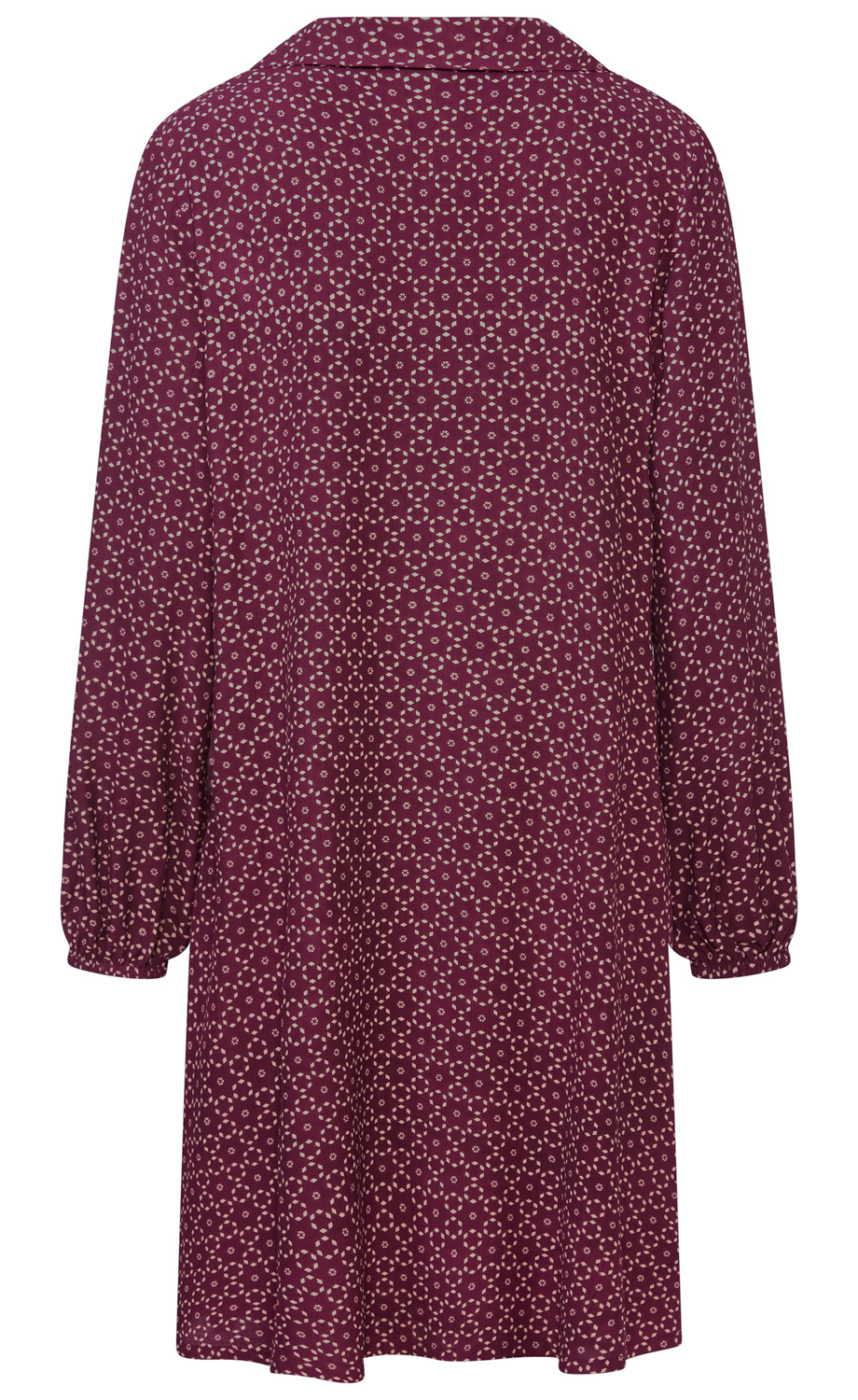 Damenkleid aus leichtem Stoff, bordeauxrot mit kleinem hellen geometrischem Muster, langärmlig mit Gummibündchen an den Ärmelenden, weiter Schnitt, Rückenansicht, mit umgelegtem Kragen