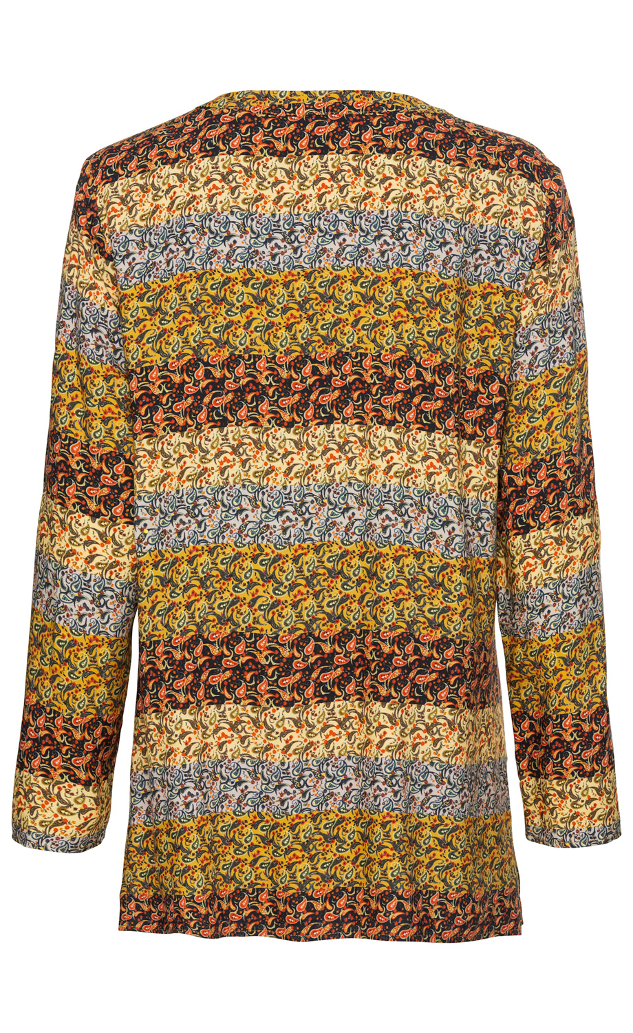 Rückenansicht einer Viskose-Tunika mit langem Arm, horizontal gestreift in Gelb, Beige, Blau und Schwarz, Paisley-Muster in Rot, Blau und Orange, lockere Passform