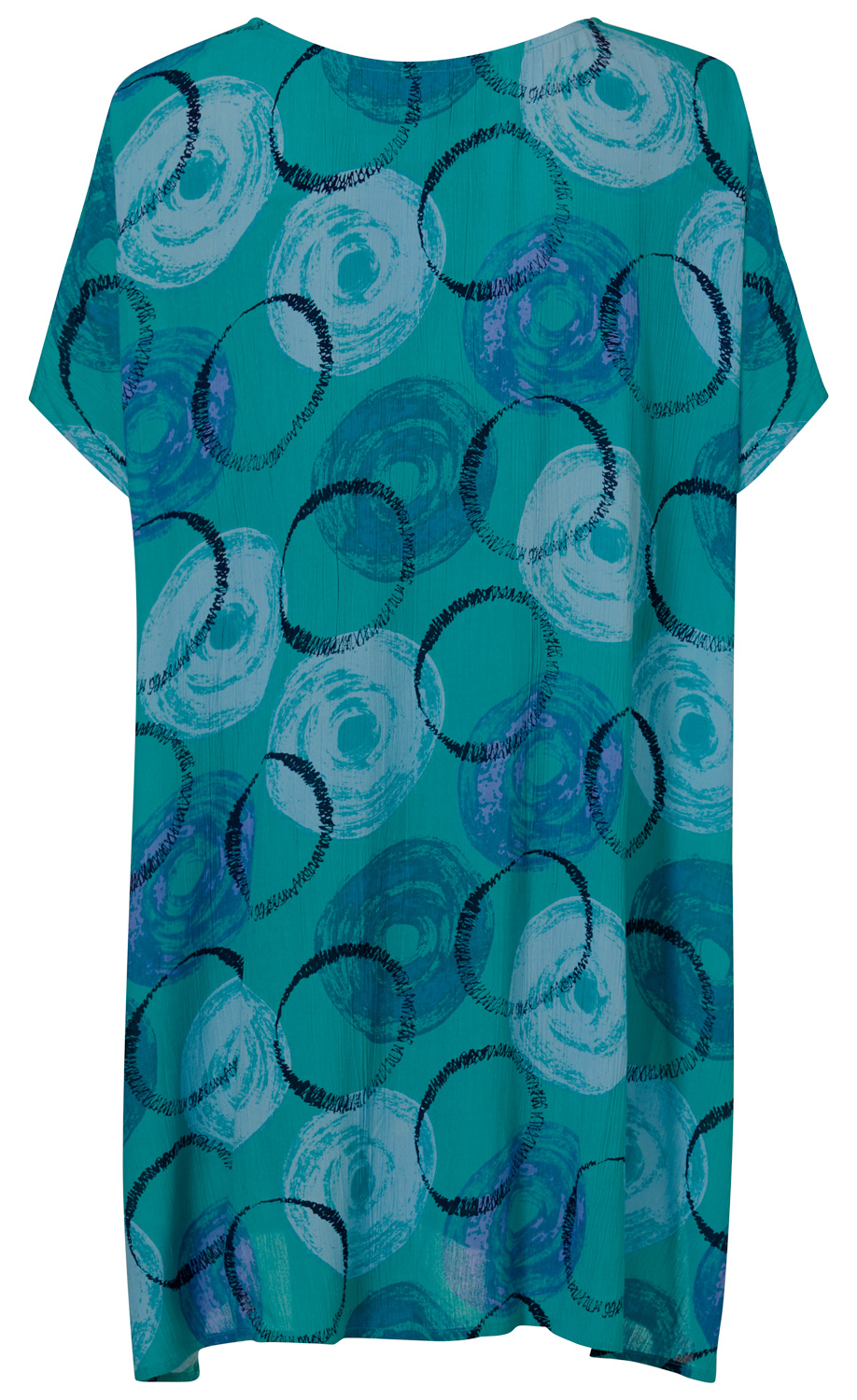 Rückenansicht eines türkisen Viskose-Kaftans mit kurzen Fledermausärmeln und abstraktem Muster aus großen, unregelmäßigen Kreisen in Blau-, Hellblau- und Dunkelblau-Tönen.