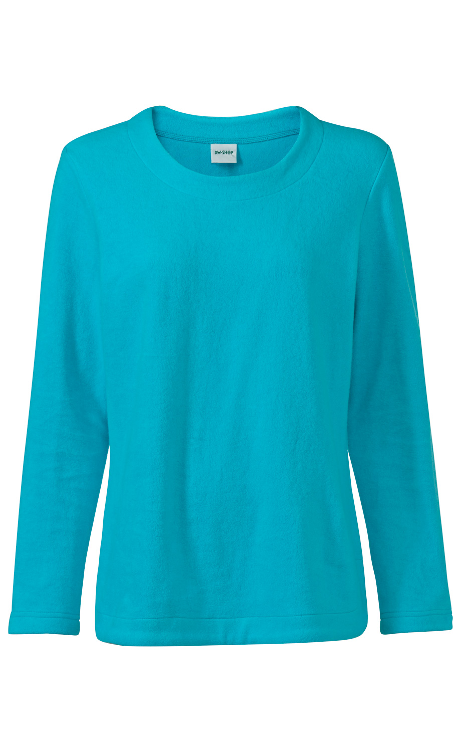 türkisfarbener Baumwoll-Pullover mit langem Arm und rundem Ausschnitt, schlichtes Design ohne Muster oder Verzierungen, Frontansicht auf weißem Hintergrund