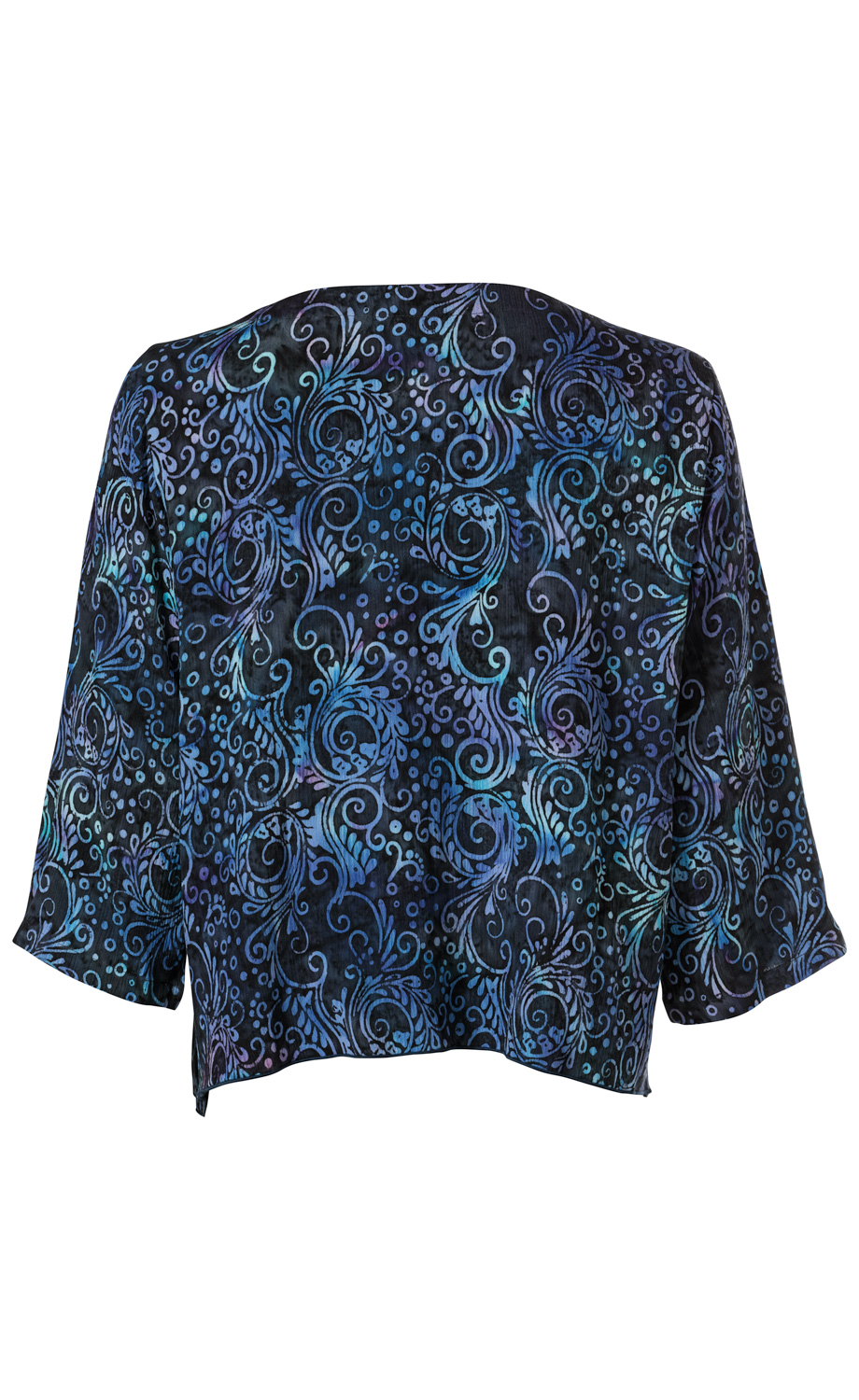 Viskose-Jacke Rückansicht in Schwarz mit blau-lila floralem Muster, 3/4-Ärmeln, lockerer Passform und leichtem Glanz, für Damen