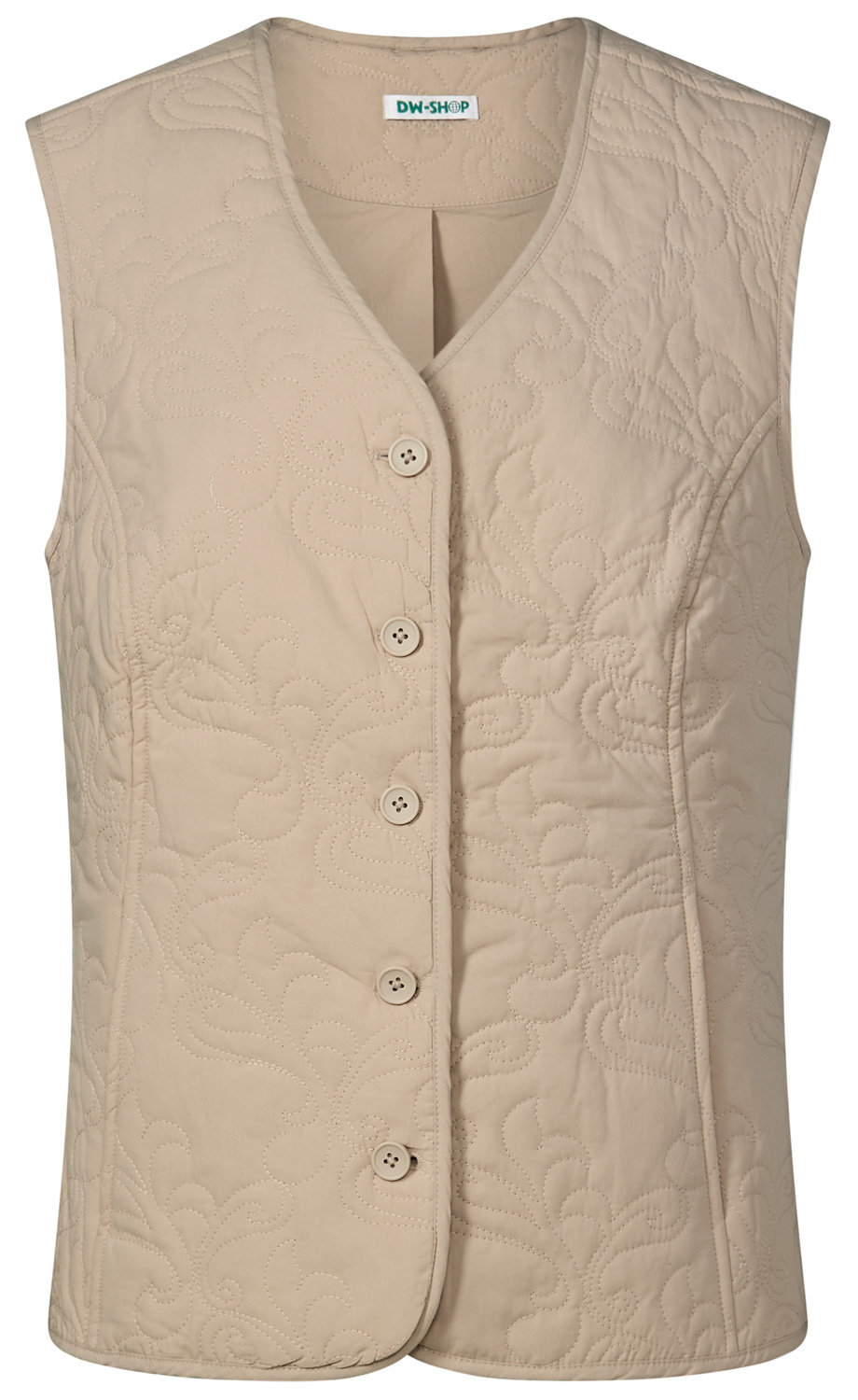 Beige, gesteppte Damenweste ohne Ärmel mit V-Ausschnitt, fünf Knöpfen vorne und kleinem Muster in Quiltnähte auf der Oberfläche, gerade geschnitten, Etikett mit Text DW-SHOP am Kragen innen.