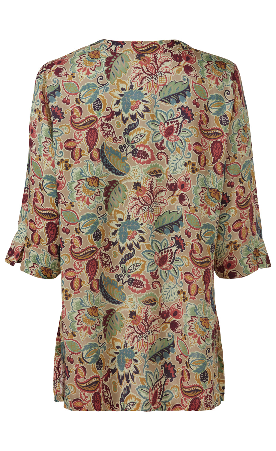 Rückansicht einer langärmligen Modal-Tunika mit buntem Blumen- und Blätter-Muster in Rot, Grün, Blau und Gelb auf hellem Hintergrund, Ärmelsaum mit kleiner Schlaufe und mittig eingesetzter Naht