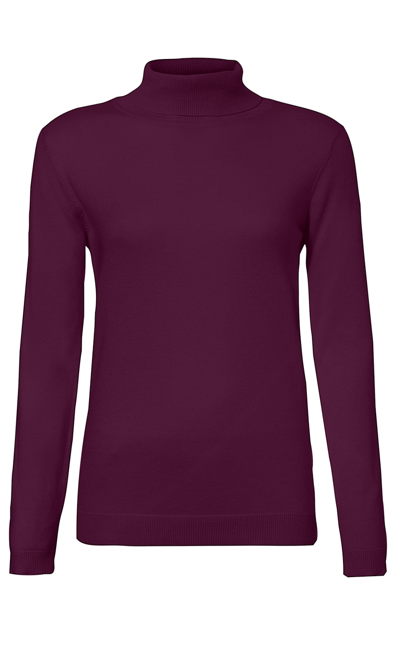 dunkelroter Baumwoll-Pullover mit Rollkragen und langen Ärmeln, schlichte und enganliegende Passform, feine Struktur, gerippte Saumabschlüsse an Bündchen und Taille