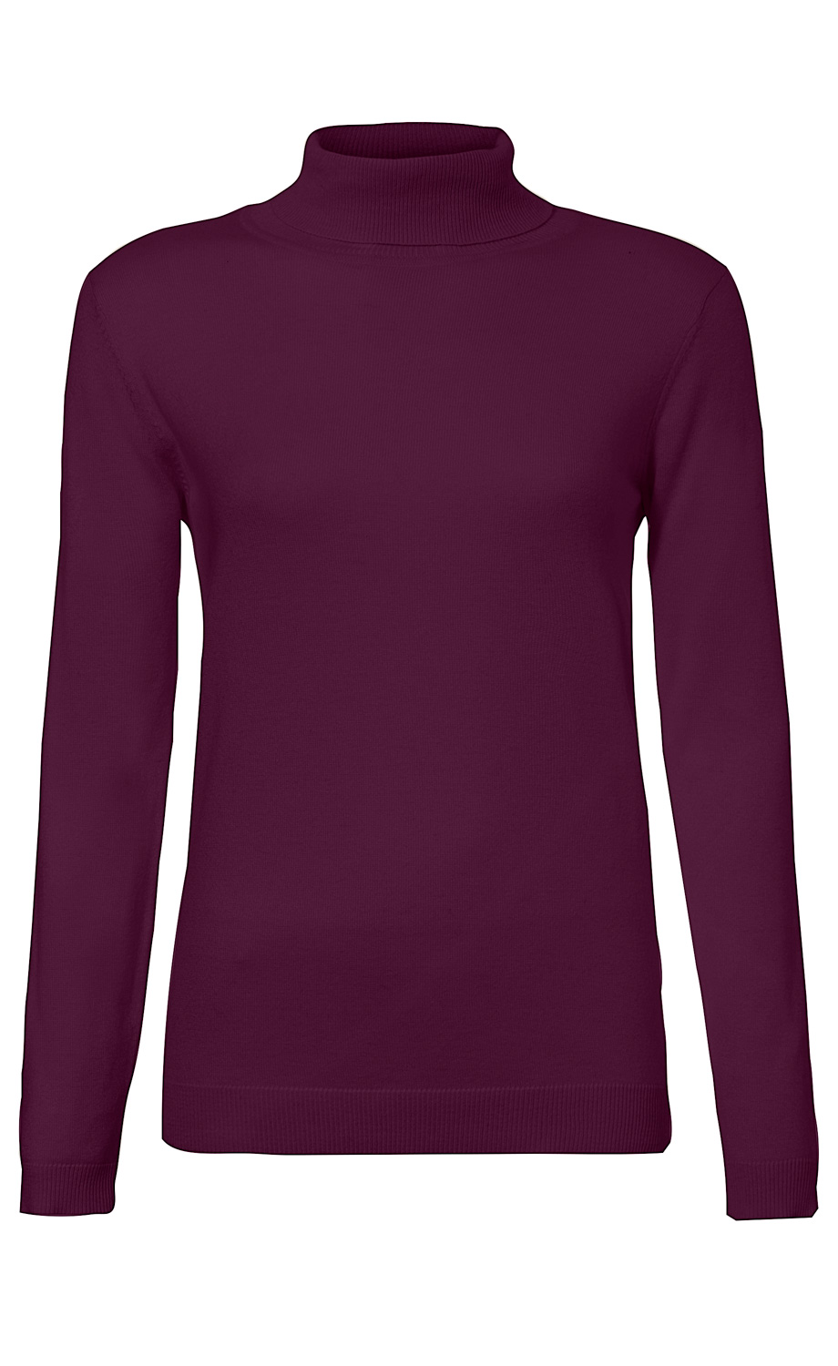 dunkelroter Baumwoll-Pullover mit Rollkragen und langen Ärmeln, schlichte und enganliegende Passform, feine Struktur, gerippte Saumabschlüsse an Bündchen und Taille