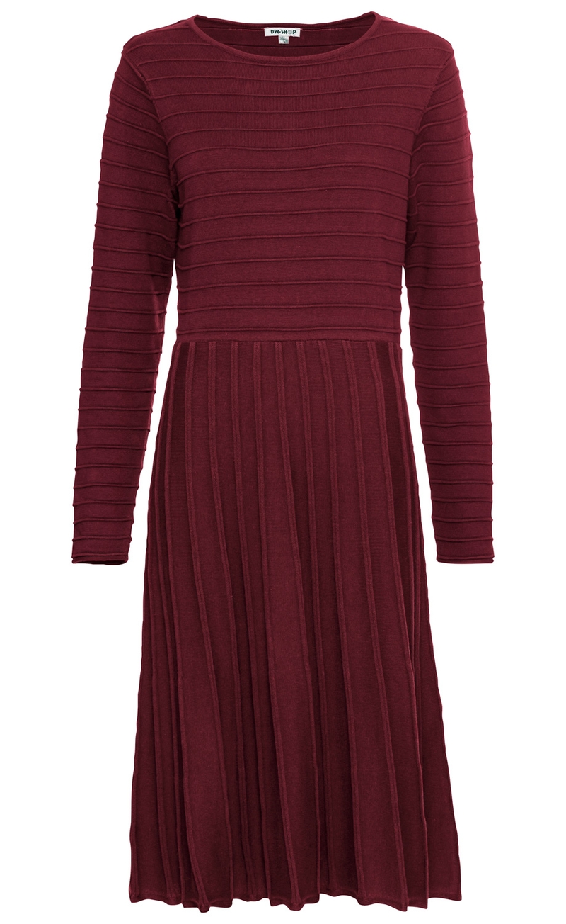 weinrotes Baumwoll-Kleid mit langen Ärmeln, Rundhalsausschnitt, geripptem Oberteil und Faltenrock, knielang