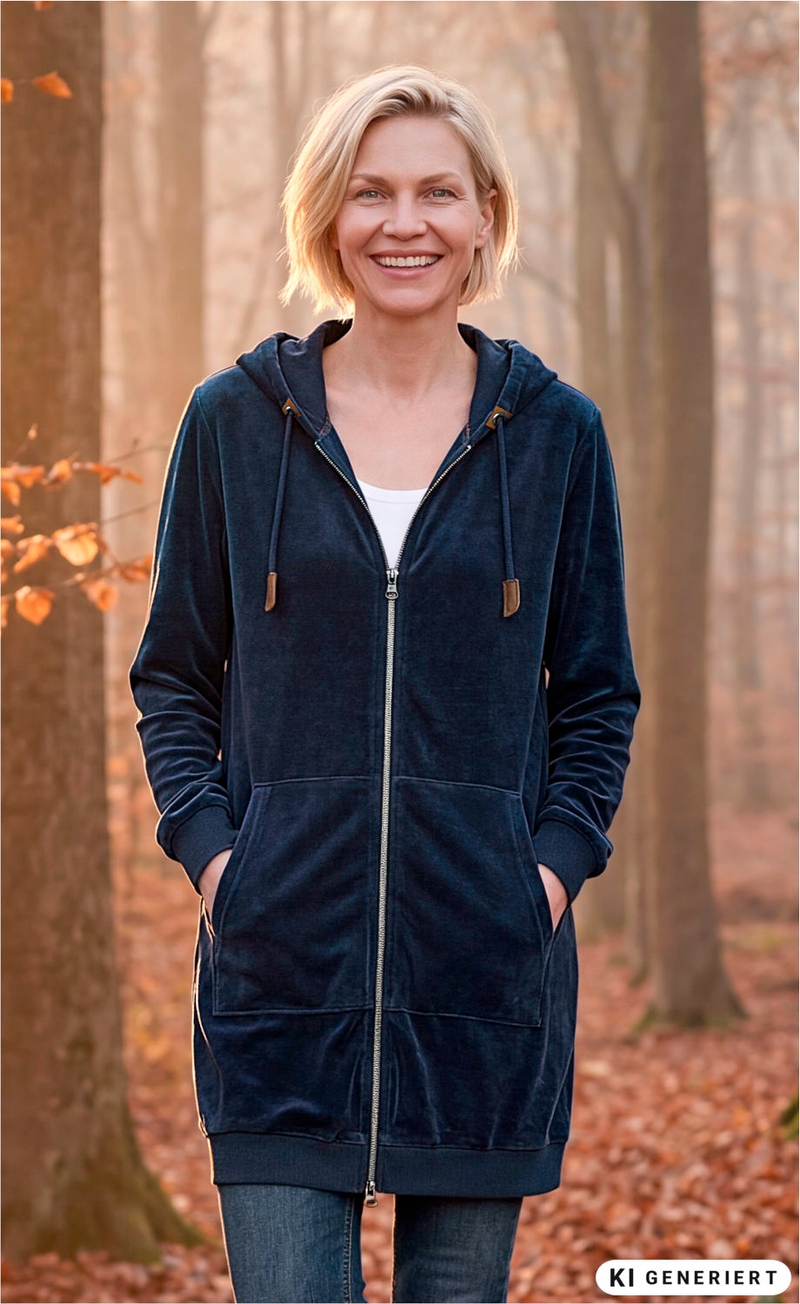 Frau im herbstlichen Wald trägt dunkelblaue lange Baumwoll-Jacke mit Kapuze, Reißverschluss und großen Taschen, lächelt, Hände in den Taschen, Jeanshose sichtbar, verblasste Baumstämme und Laub auf Boden im Hintergrund
