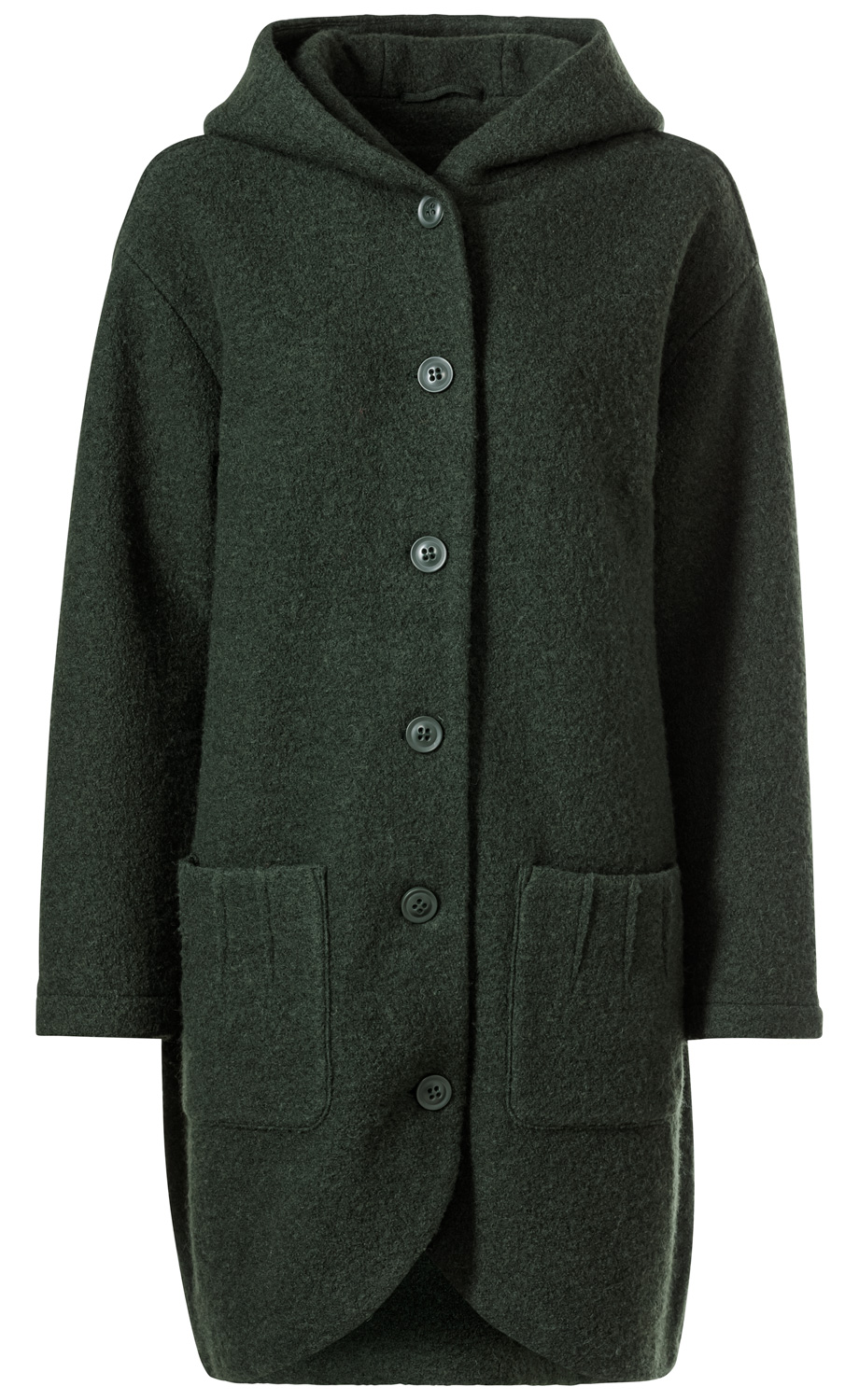 Dunkelgrüne Woll-Jacke mit Kapuze, langen Ärmeln, durchgehender Knopfleiste und zwei aufgesetzten Taschen vorne, leicht taillierte Form, mittellang