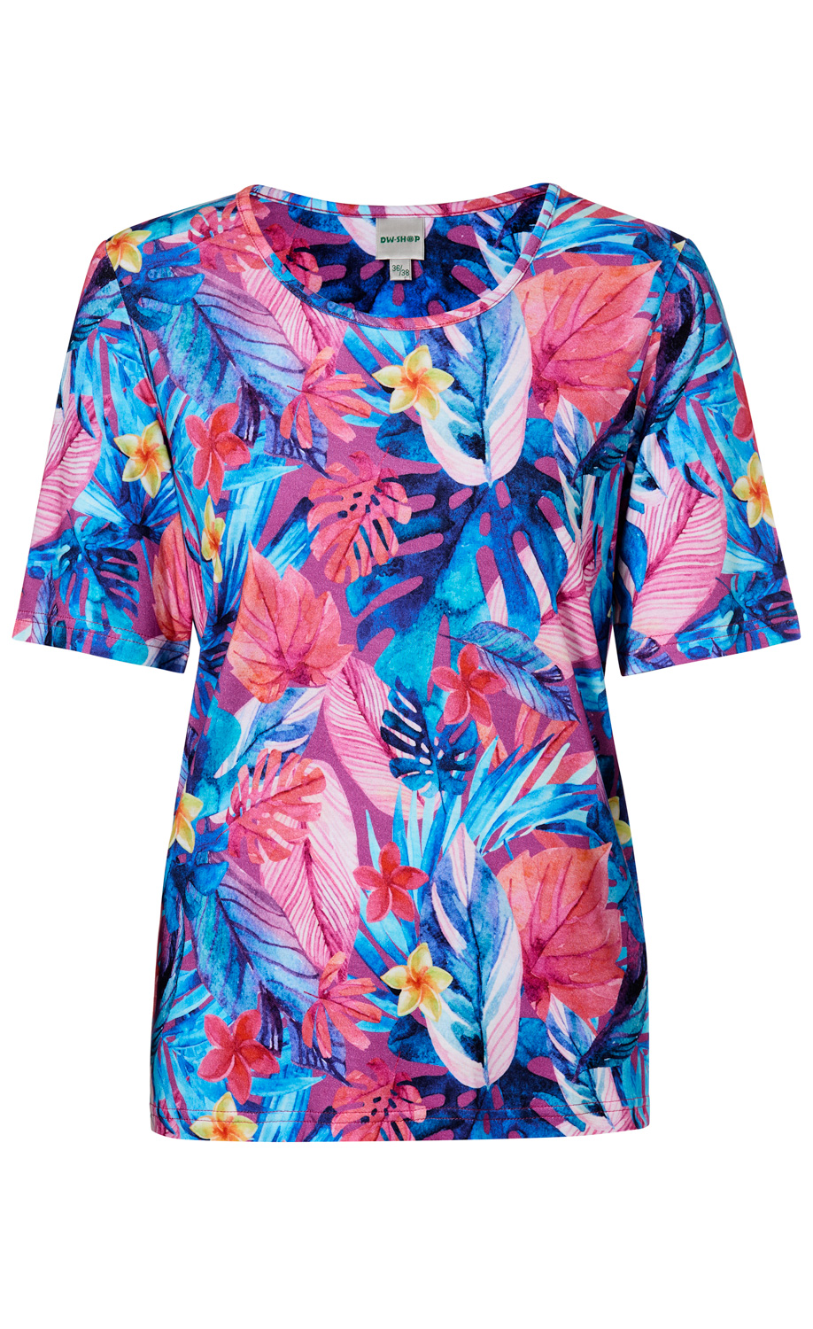 Viskose-Shirt mit kurzärmligem Rundhalsausschnitt, bunter tropischer Blatt- und Blumenmuster-Mix in Blau-, Pink-, Rot- und Gelbtönen, schmaler Saumabschluss, leichte, fließende Qualität