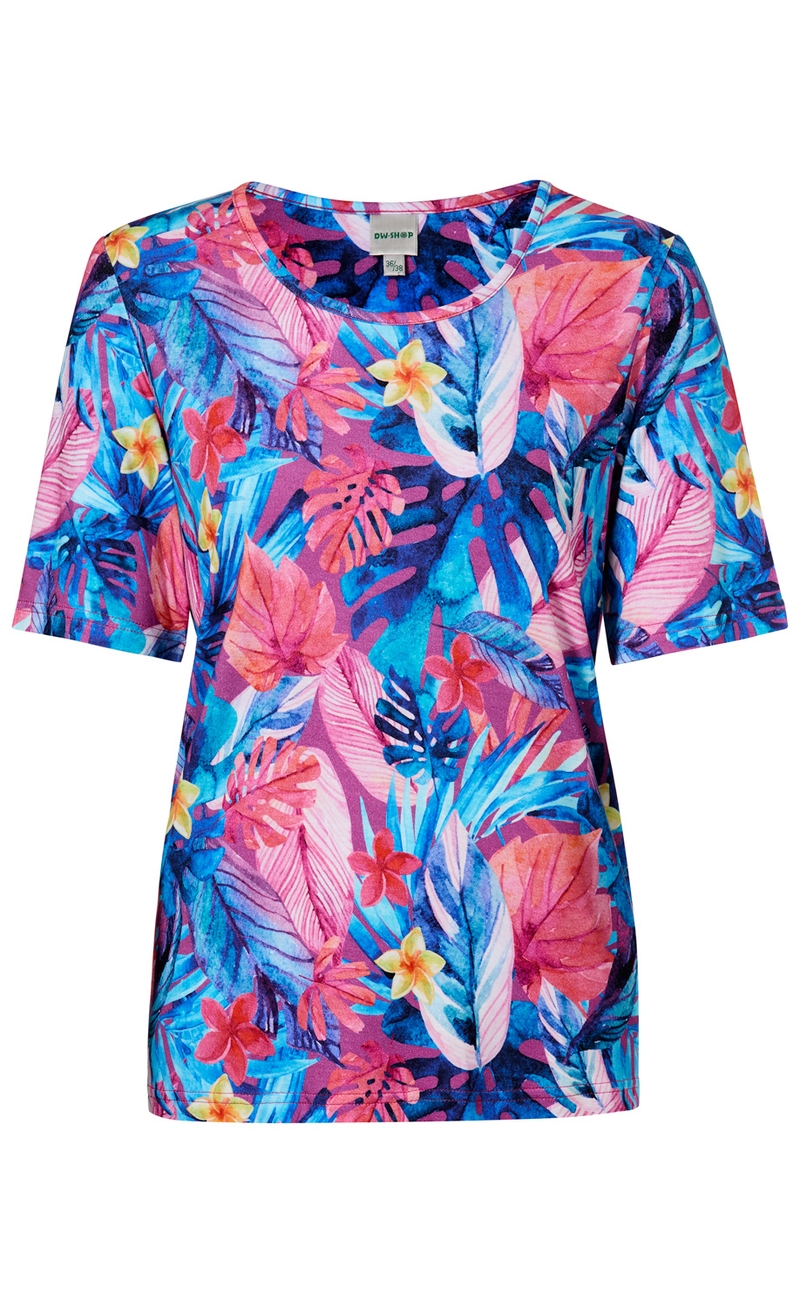 Viskose-Shirt mit kurzärmligem Rundhalsausschnitt, bunter tropischer Blatt- und Blumenmuster-Mix in Blau-, Pink-, Rot- und Gelbtönen, schmaler Saumabschluss, leichte, fließende Qualität