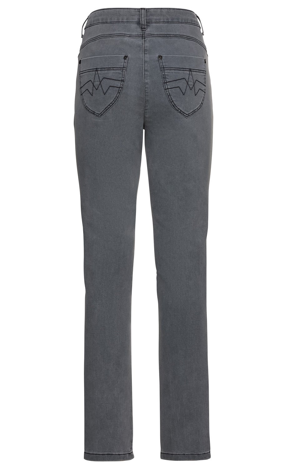 Baumwoll-Mix-Hose in Grau von hinten mit geradem Bein, zwei aufgesetzten Gesäßtaschen mit dekorativer Naht, breitem Bund und Gürtelschlaufen, schlichte Optik ohne zusätzliche Verzierungen.