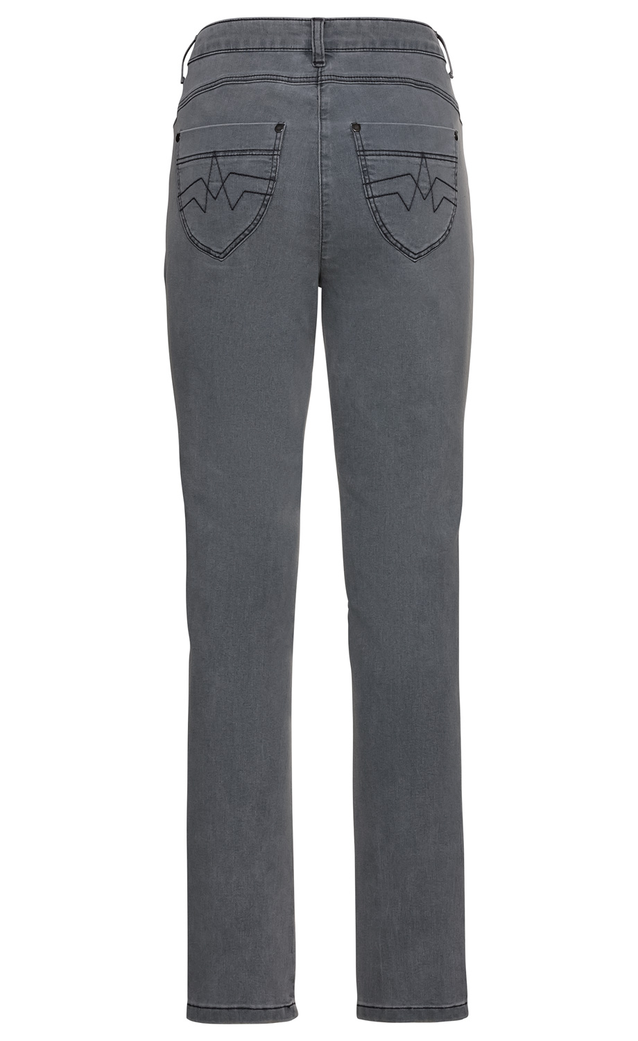 Baumwoll-Mix-Hose in Grau von hinten mit geradem Bein, zwei aufgesetzten Gesäßtaschen mit dekorativer Naht, breitem Bund und Gürtelschlaufen, schlichte Optik ohne zusätzliche Verzierungen.