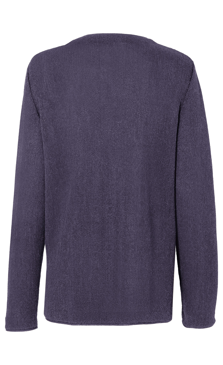 Rückansicht einer unifarbenen, dunkelvioletten Alpaka-Strickjacke mit langen Ärmeln und rundem Halsausschnitt, ohne sichtbare Knöpfe oder Verzierungen, schlicht und weich im Material.
